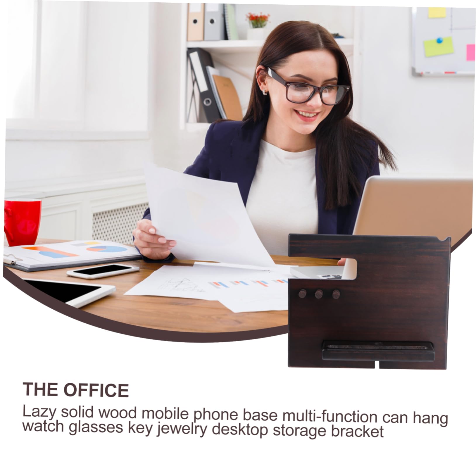 1PC Wooden Phone Stand for Nightstand & Desk - Multifunctional Mobile Phone Holder with Glasses Storage - Perfect for Bedroom, Office & Home Decor