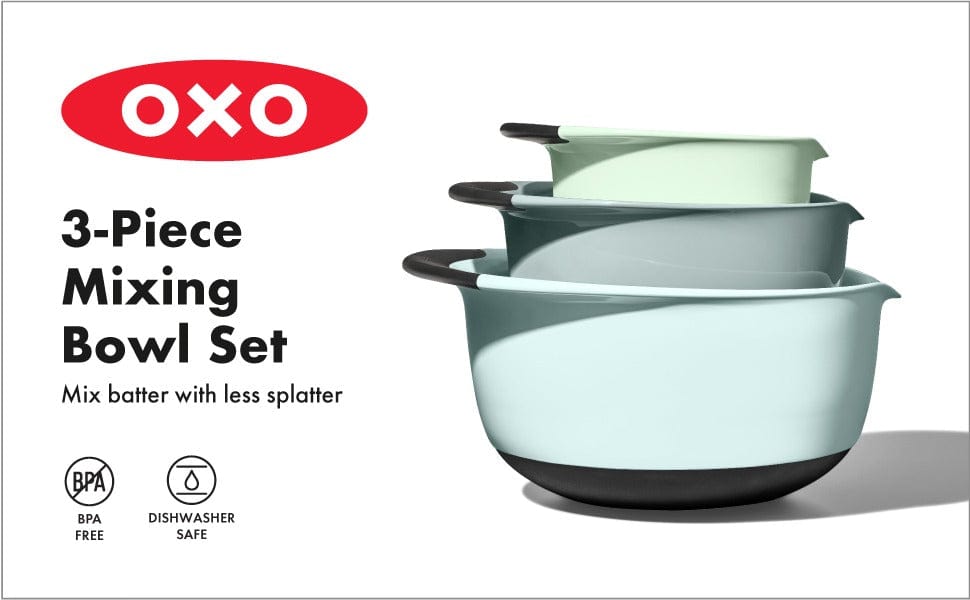 OXO 3-Piece Mixing Bowl Set - Non-Slip Nesting Bowls with Pour Spouts (Blue, Grey & Jade) for Baking, Meal Prep & Kitchen Organization
