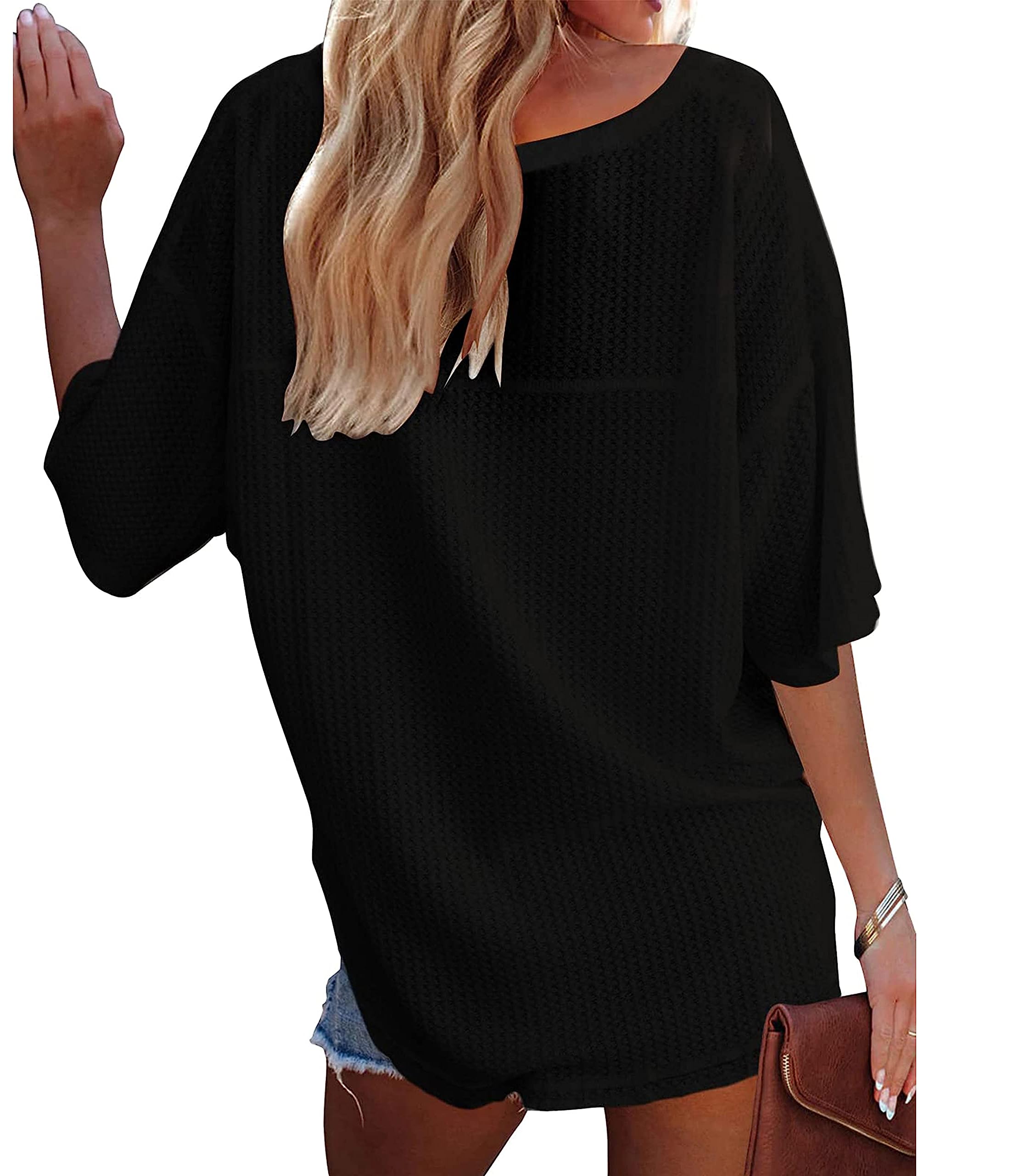 MEROKEETY Women's V Neck Batwing Half Sleeve Shirts - Soft Waffle Knit Loose Blouse, Solid Color Casual Tops for Women | Perfect for Work, Date Night & Everyday Wear