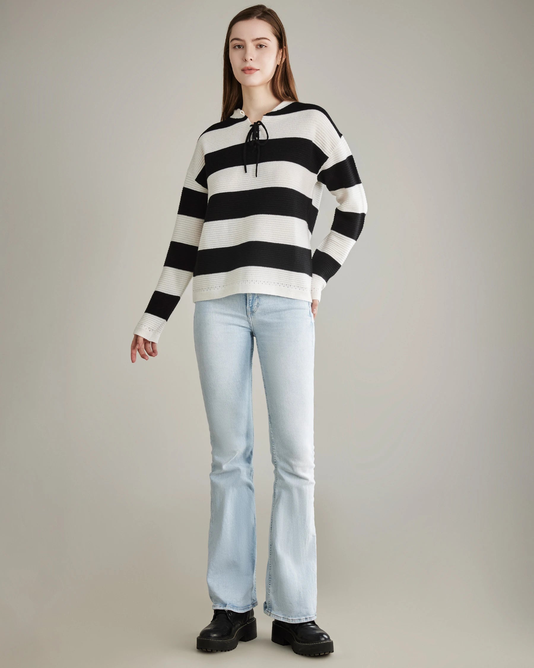 Elegant Striped Lace-Up Cashmere Sweater for Women - Soft Winter Pullover for Office & Date Nights