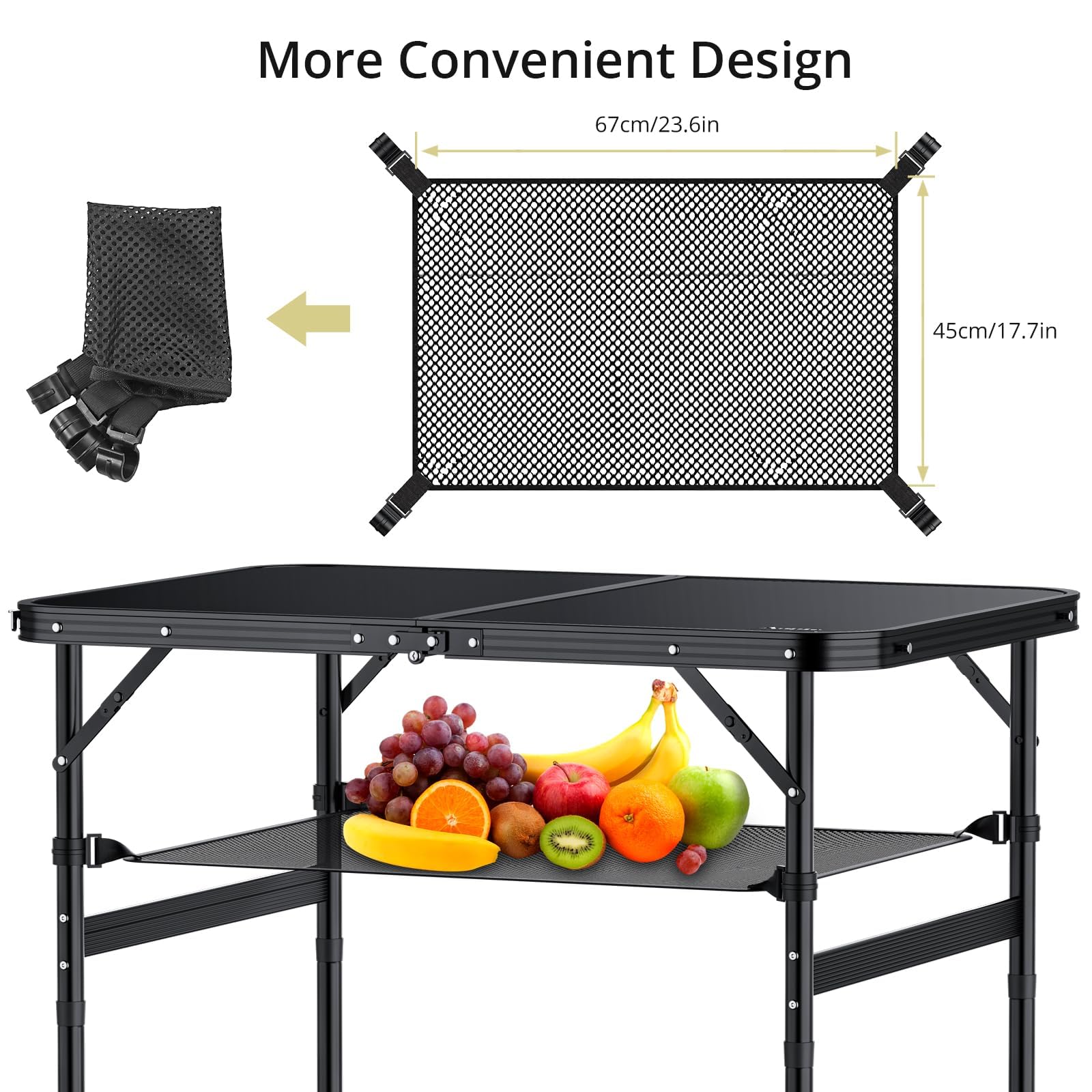Anbte Folding Camping Table with Storage Net - Adjustable Height 26.4