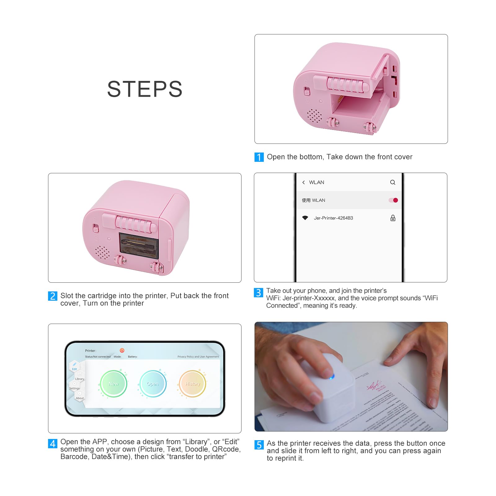 Mini Portable Handheld Temporary Tattoo Printer for iOS & Android - Wireless Bluetooth Tattoo Maker for QR Code, Barcode & Logo Printing (Pink) | Perfect for Parties, Events & Personalized Gifts