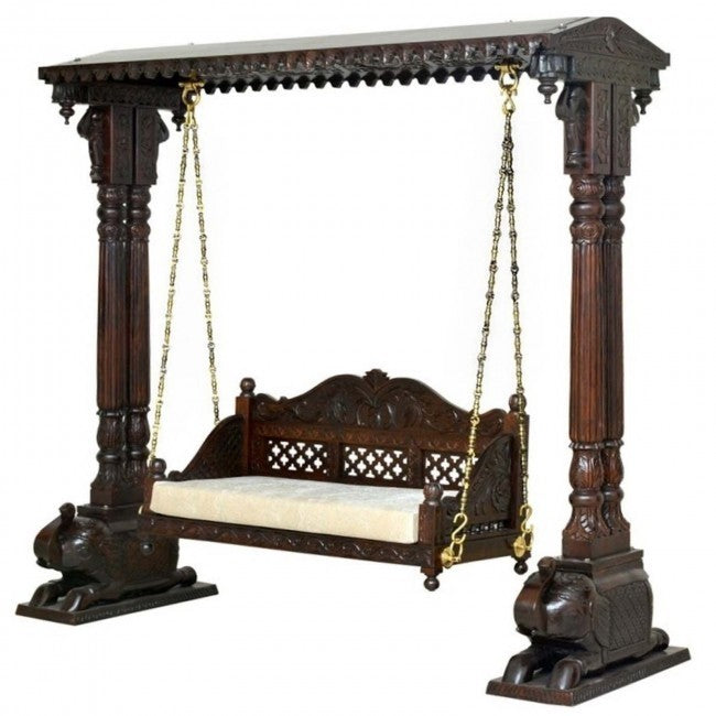 Hand Carved Elephant Design Swing Daybed - Outdoor Hanging Bed for Porch, Patio, Garden Relaxation & Boho Decor