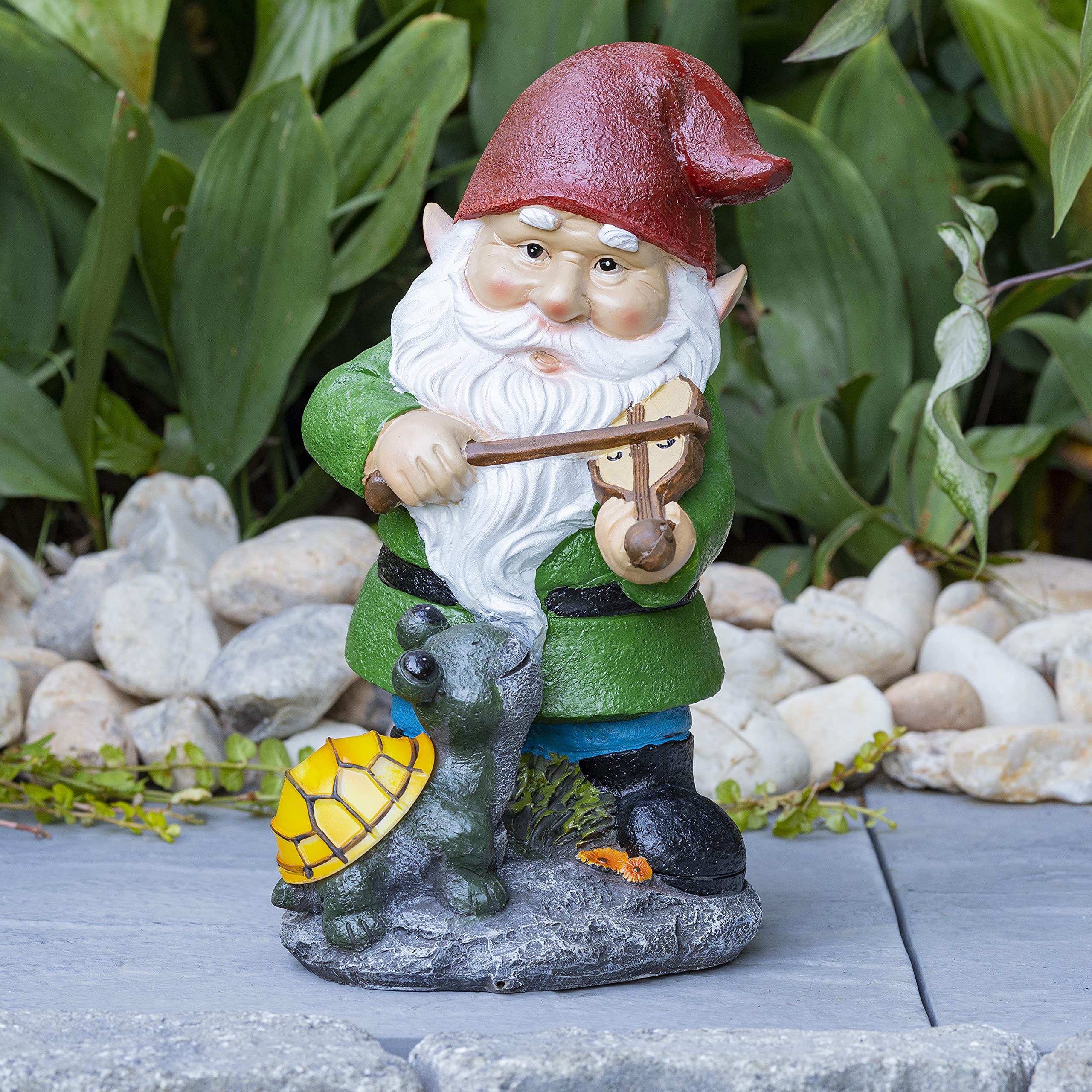 VP Home Solar Powered LED Fiddler Gnome with Glowing Turtle - Outdoor Garden Decor Light for Yard, Pathway & Patio - Weatherproof Gnome Statue Gift for Christmas, Birthday & Home Decoration