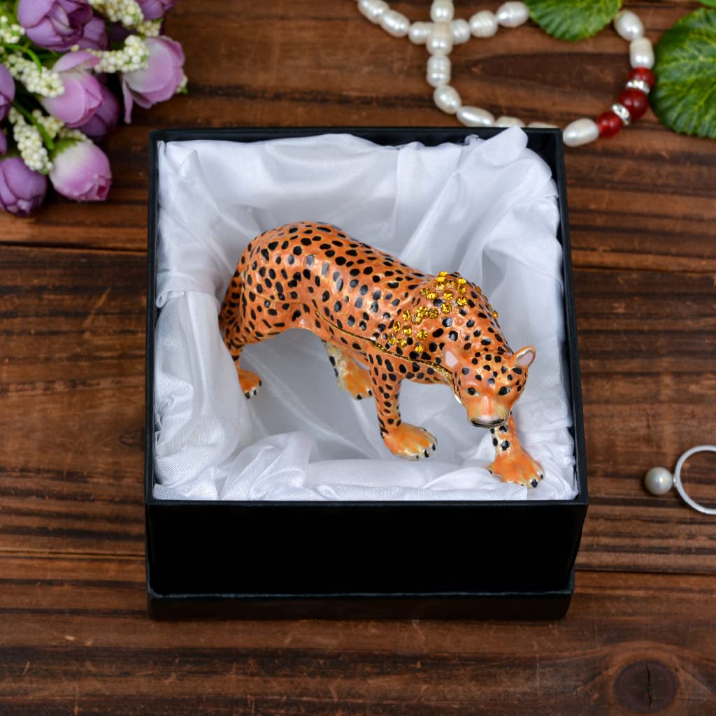 Golden Crystal Enameled Leopard Jewelry Box - Hand-Painted Hinged Jaguar Trinket Box for Women, Elegant Home Décor & Unique Gift for Animal Lovers - Perfect for Jewelry Storage, Vanity Organizer & Gift Giving
