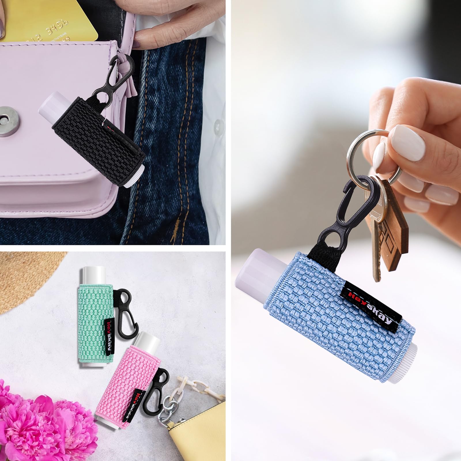 HEYSKAY 4PCS Lip Balm Holder Keychain - Compact Clip-On Lipstick & Chapstick Organizer with Elastic Sleeves - Perfect for Keys, Purses & Travel Accessories