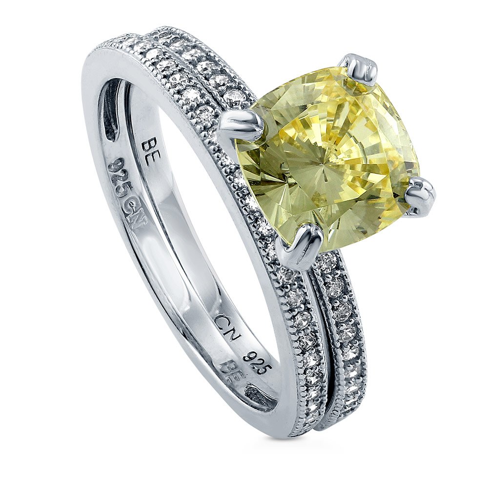 BERRICLE 3 Carat Canary Yellow Cushion Cut Cubic Zirconia Sterling Silver Engagement Ring Set for Women - Rhodium Plated, Size 4-10 - Perfect for Weddings, Proposals & Anniversary Gifts