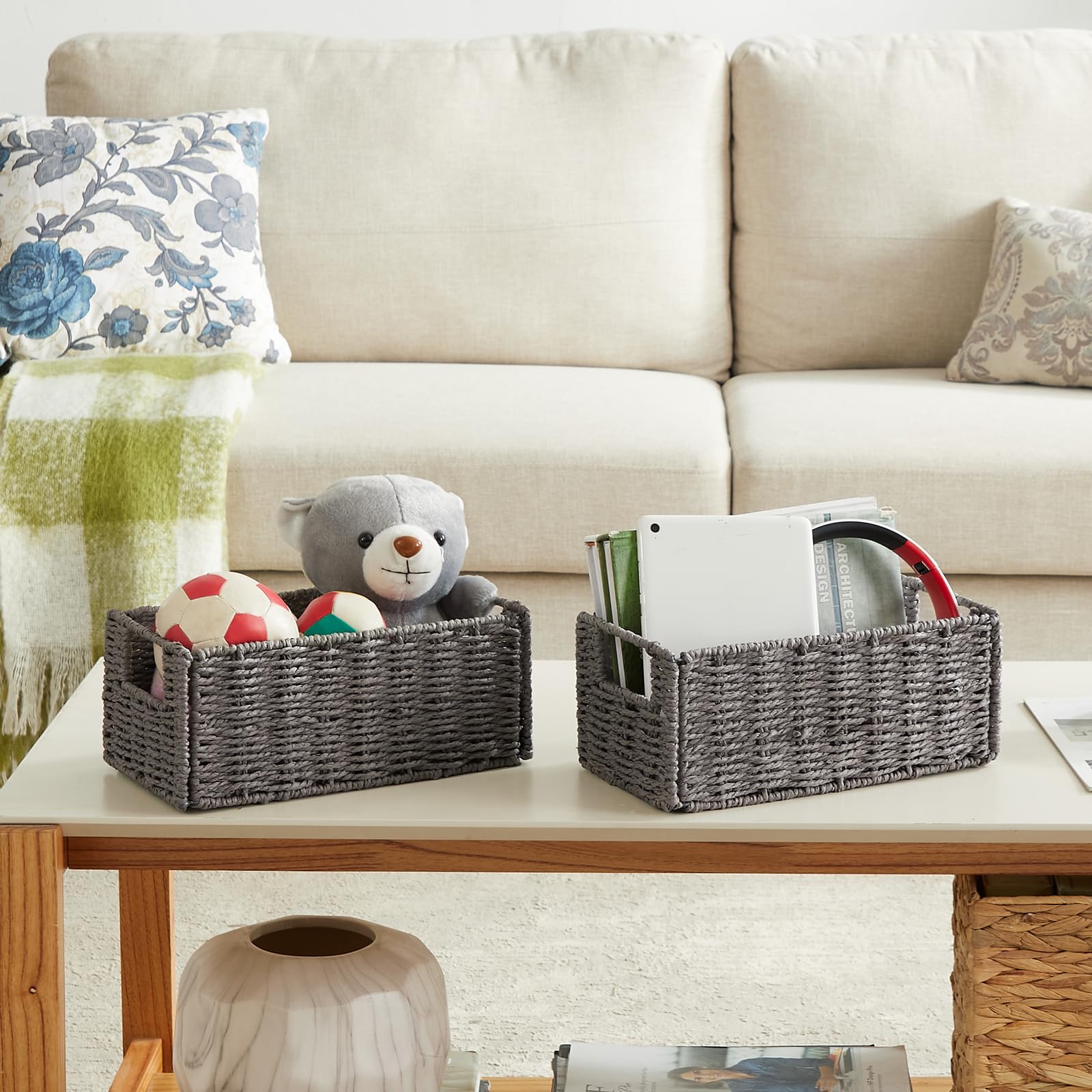 Vagusicc Wicker Storage Basket Set - 5 Handwoven Organizing Baskets for Home Decor, Pantry & Shelf Storage | Grey Woven Storage Cubes for Bedroom, Bathroom & Living Room Organization