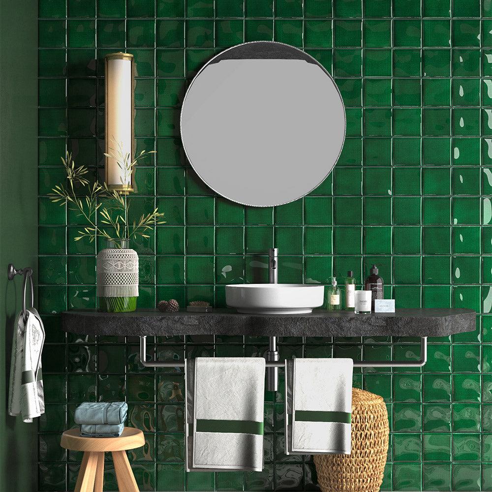 Premium Havana Hunter Green 100X100 Handmade Zellige Gloss Tile - Perfect for Kitchen Backsplash, Bathroom Walls & Mediterranean Style Home Decor