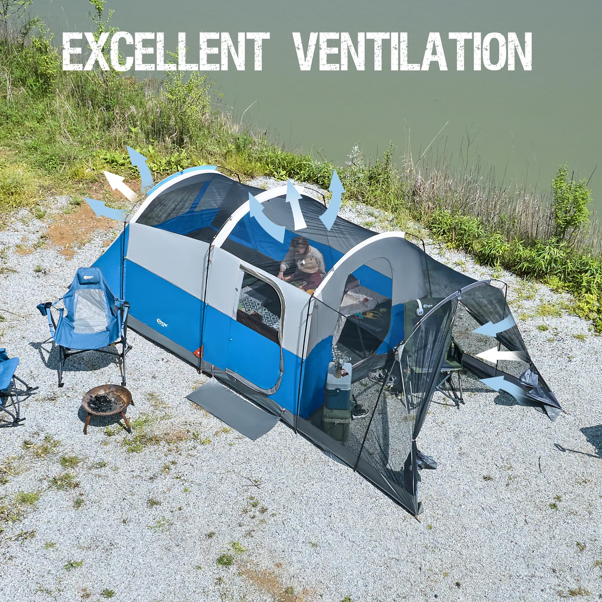 6/8/10 Person Family Camping Tent with Screen Room - Waterproof Tunnel Tent with Rainfly for Outdoor Adventures, Backyard Parties & Family Gatherings - Spacious Shelter for Camping, Festivals & Emergency Preparedness