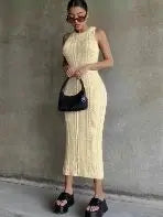 Autumn Winter Women's Solid Color Crochet Midi Dress - Sleeveless O-Neck Bodycon Knit Sweater Dress for Party, Date Night & Elegant Occasions | Sexy Knitted Outfit for Women
