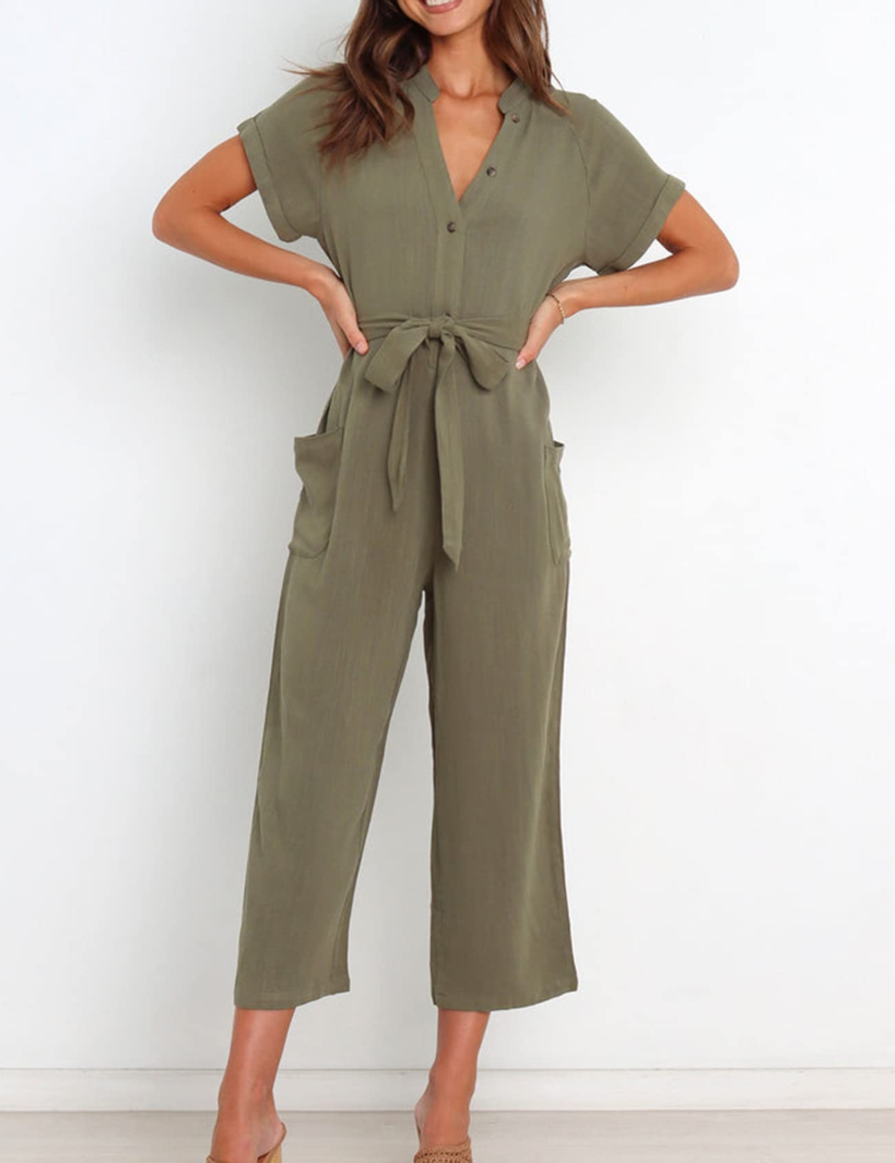 Kissonic Women's Short Sleeve V-Neck Button Down Wide Leg Jumpsuit with Belt - Casual Summer Romper for Beach, Travel & Everyday Wear
