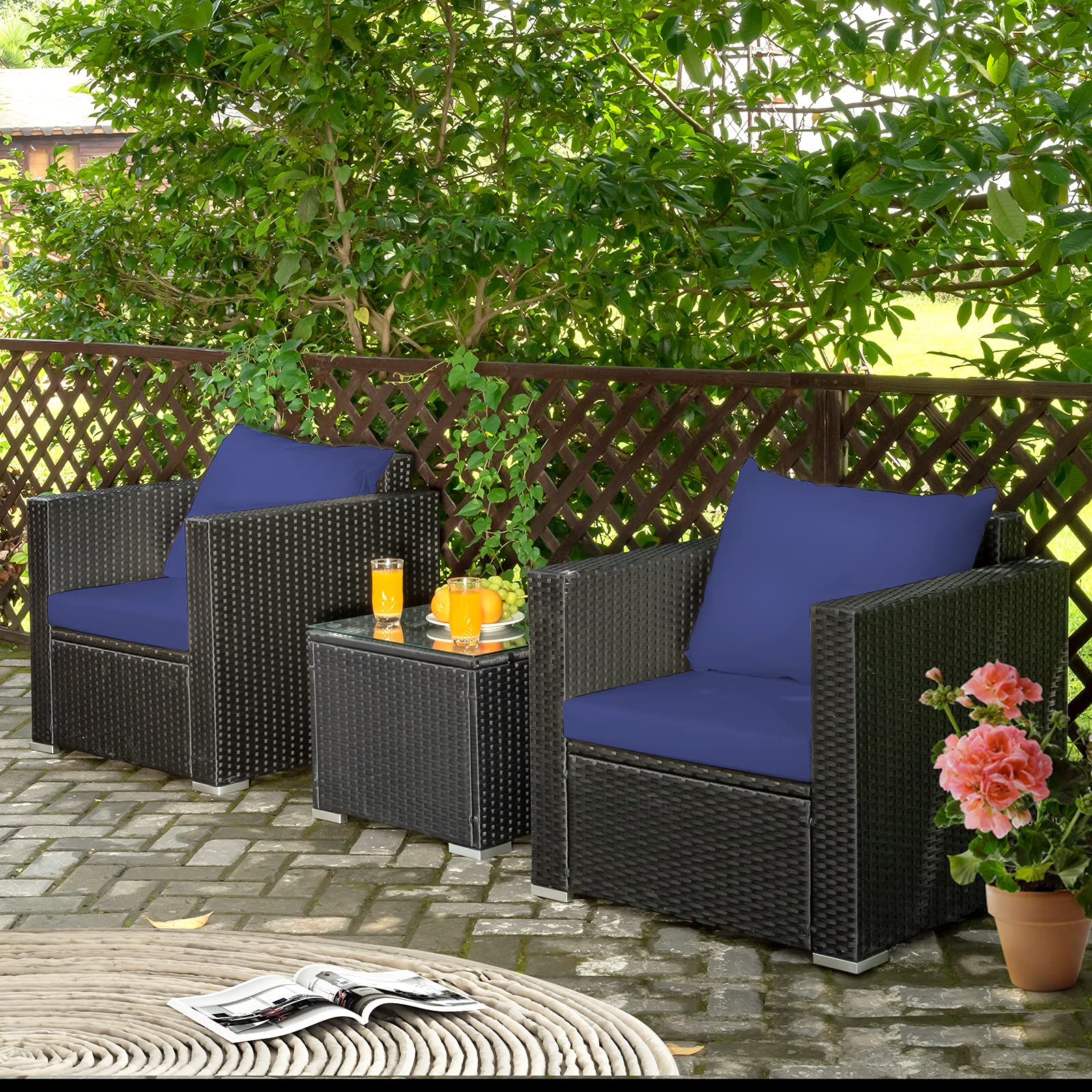**Tangkula 3-Piece Patio Furniture Set - PE Rattan Wicker Sofa with Washable Cushions & Tempered Glass Table, Outdoor Conversation Set for Garden, Poolside, Patio, and Backyard (Navy Blue)**