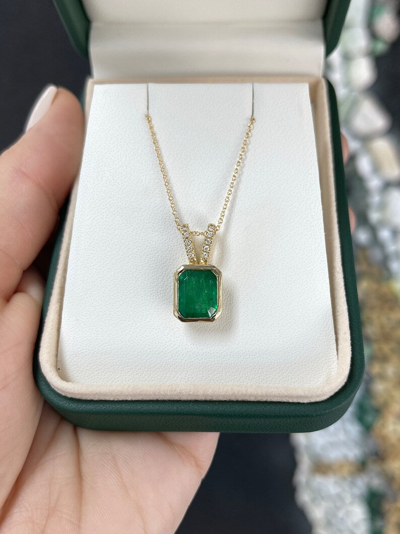 3.17tcw 14K Gold Natural Dark Green Emerald & Diamond Pendant Necklace - Elegant Jewelry Gift for Women, Perfect for Weddings, Anniversaries & Special Occasions