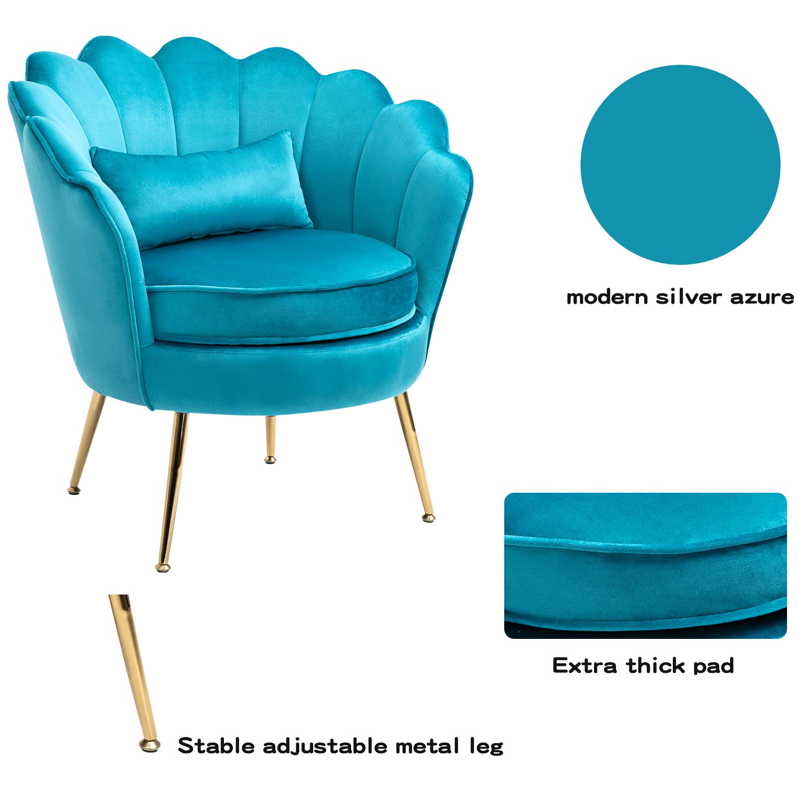 Velvet Accent Chair with Golden Metal Legs - Modern Upholstered Armchair for Bedroom, Living Room & Vanity | Comfy Dining & Makeup Chair, No Wheels | Perfect for Home Decor, Relaxing & Dressing Areas (Azure)