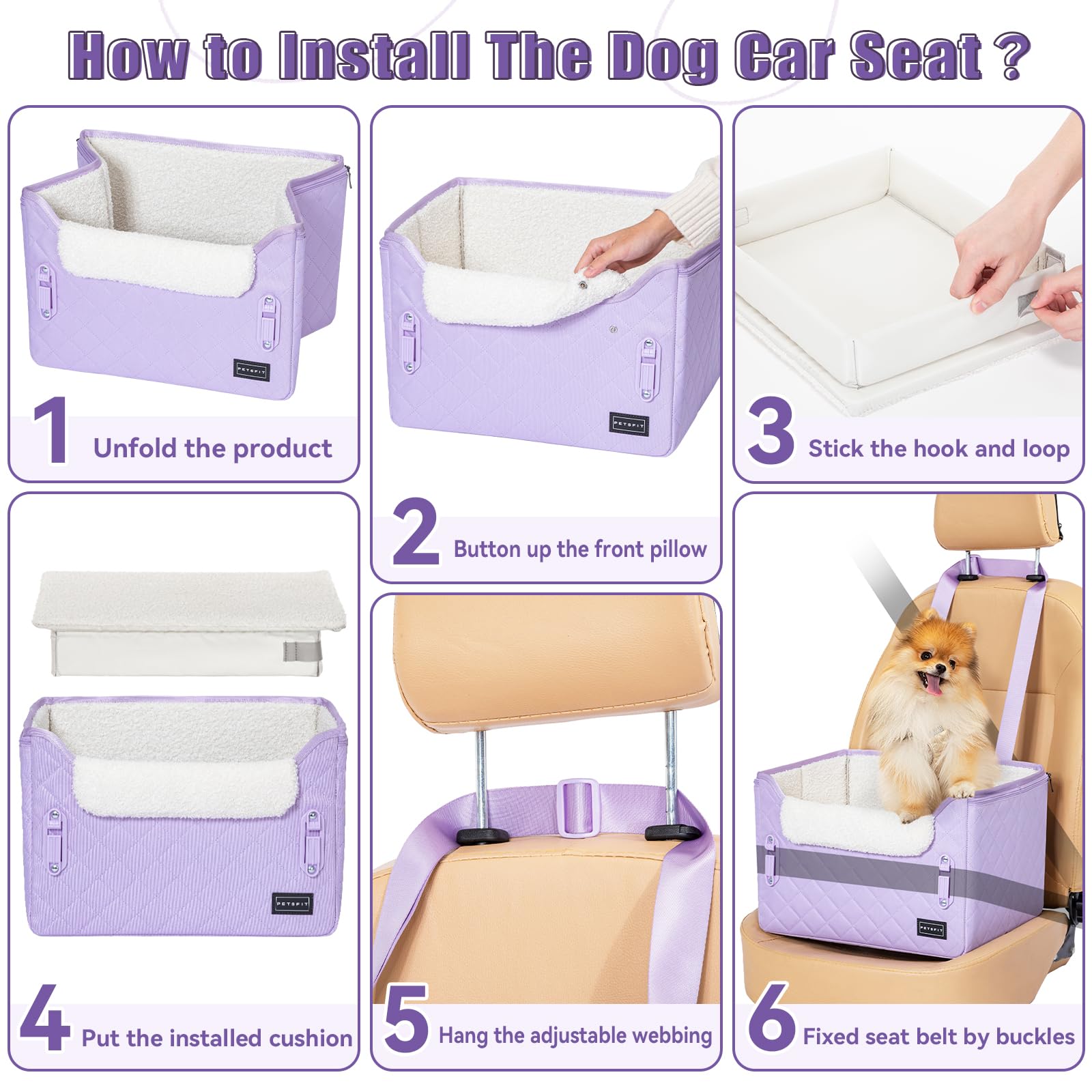 **Petsfit Small Dog Car Seat Booster - Portable Pet Travel Carrier with Clip-On Leash & Adjustable Straps for Small Dogs Up to 25lbs (Lavender Purple) - Perfect for Road Trips & Safe Car Rides**