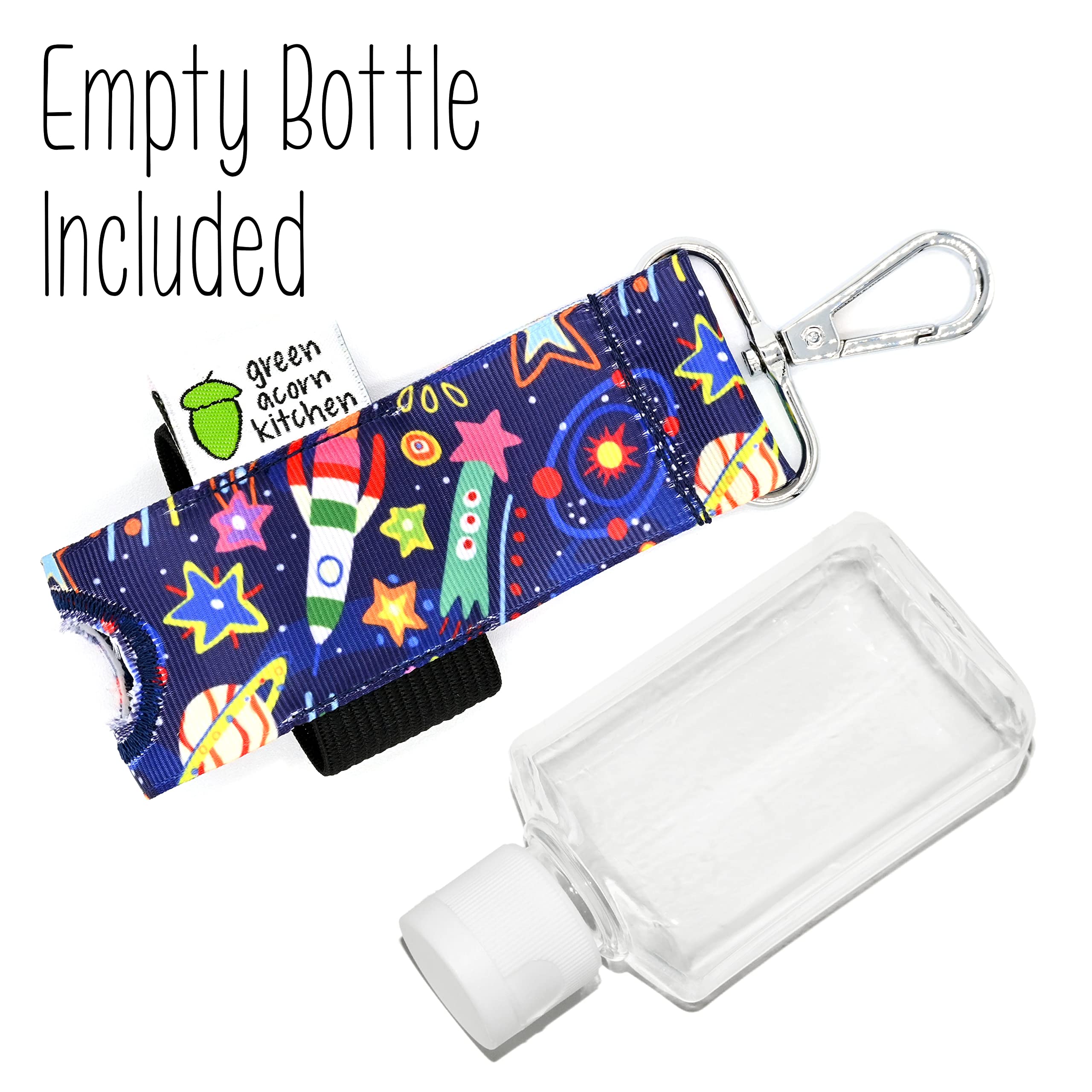 Refillable Hand Sanitizer Holder with 2oz Travel Size Bottle - Navy Blue Space Print - Swivel Clip for Backpack, Purse, Keychain - Eco-Friendly Handmade Sanitizer Case by Green Acorn Kitchen - Perfect for Travel, Office, School & Daily Hygiene
