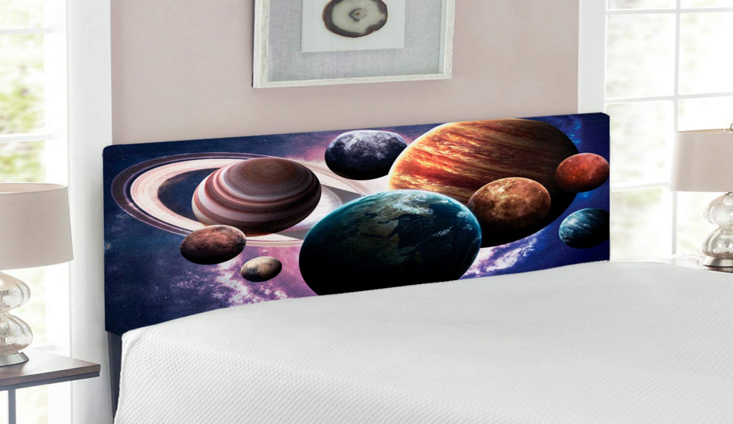 Ambesonne Space Themed Headboard - Solar System Planets Design with Mercury, Jupiter, Saturn & More | Upholstered Metal Bed Headboard with Memory Foam | Queen Size Multicolor Decorative Piece | Perfect for Astronomy Lovers' Bedrooms & Space-Themed Home Decor
