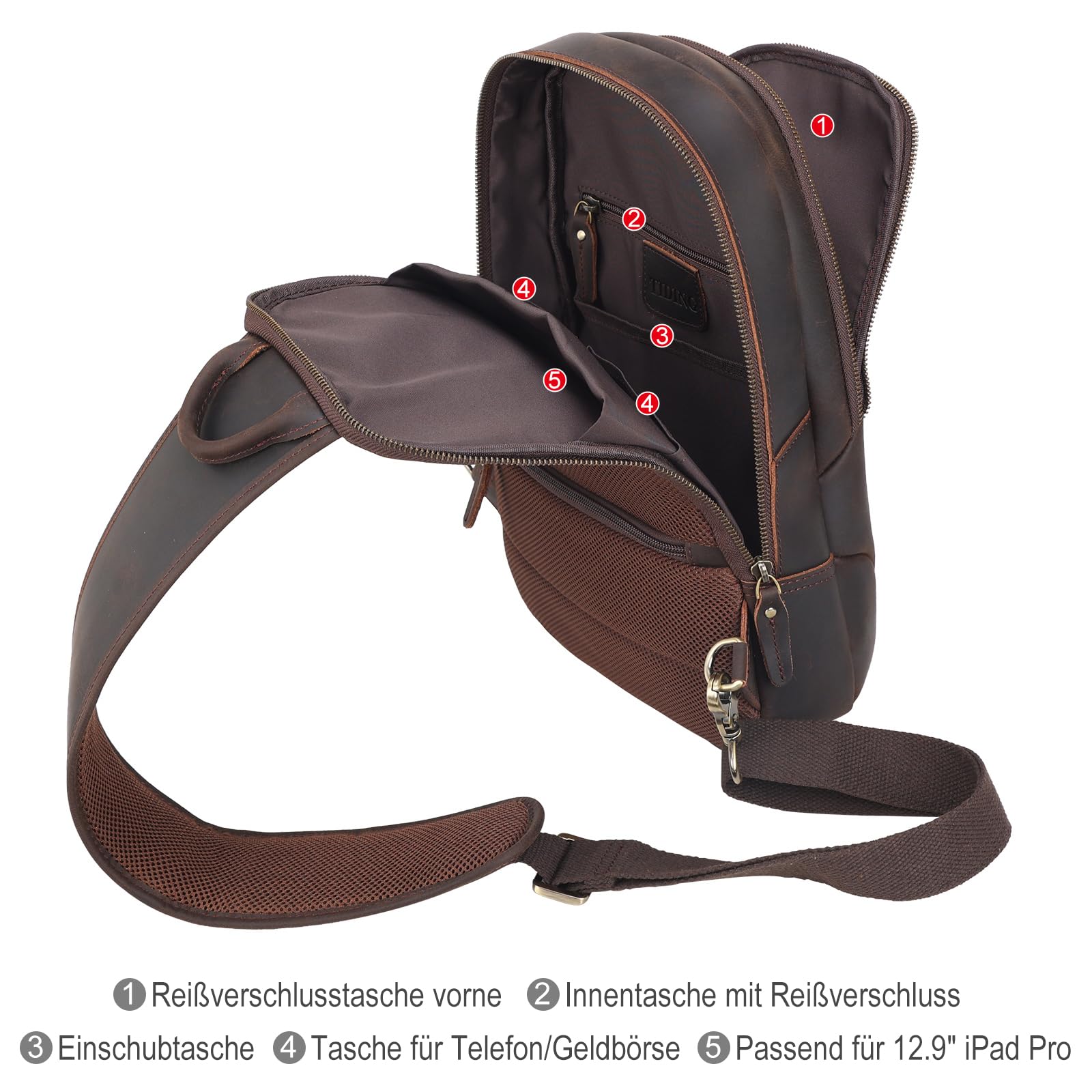 TIDING Men's Leather Crossbody Sling Bag - Anti-Theft Chest Shoulder Bag for Travel, Work & Daily Use - Brown - Perfect for Commuting, Hiking & Urban Adventures