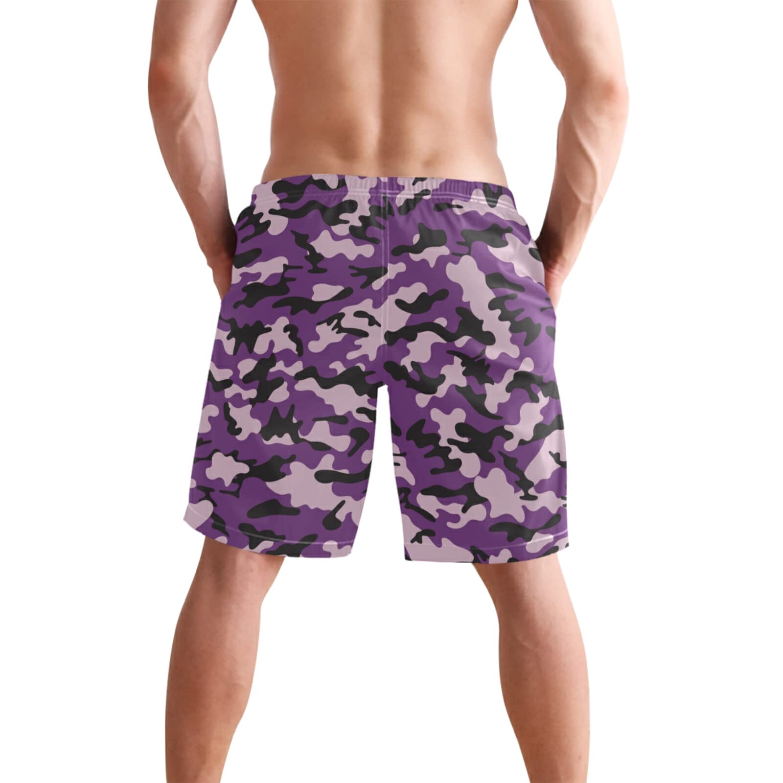 Men's Quick Dry Swim Trunks - Purple Military Camo Beach Shorts with Pockets | Lightweight Board Shorts for Swimming, Surfing & Summer Vacations