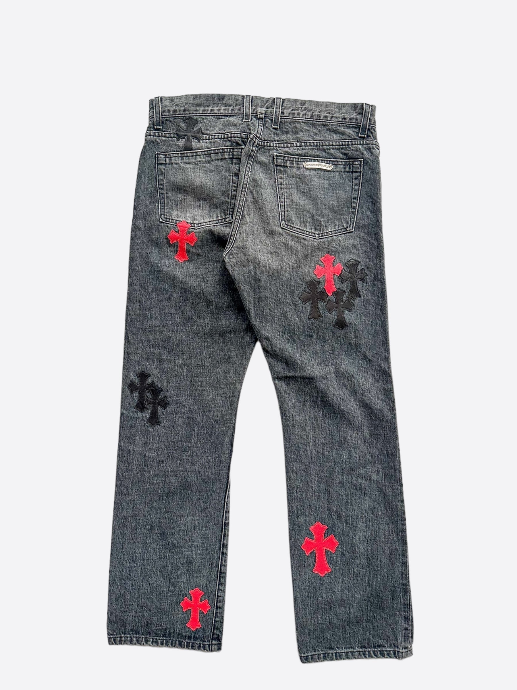 Chrome Hearts Grey Black & Red Cross Patch Jeans for Men & Women - Gothic Punk Fashion Denim Pants for Streetwear & Casual Outfits
