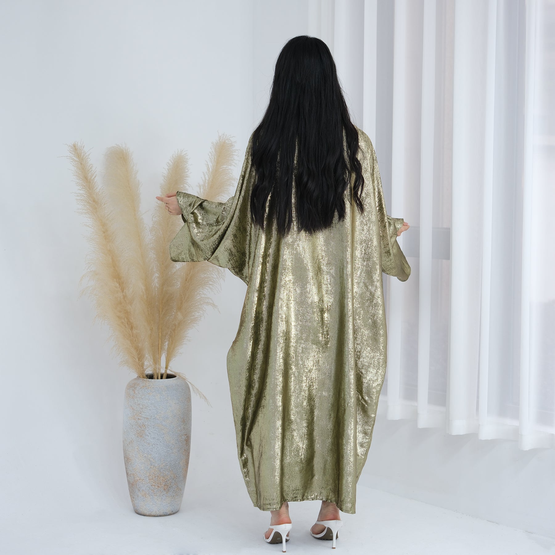 Elegant Florence Knot Shimmer Abaya Dress - Olive Green Islamic Prayer Gown for Women | Perfect for Eid, Mosque, and Special Occasions