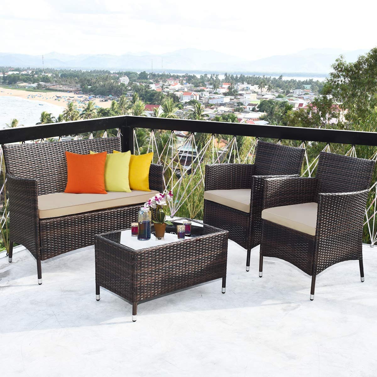 LUARANE 4-Piece Rattan Patio Furniture Set - Outdoor Wicker Sofa with Cushions & Tempered Glass Coffee Table - Brown Garden Conversation Set for Lawn, Backyard, Poolside (Perfect for Outdoor Entertaining & Relaxation)