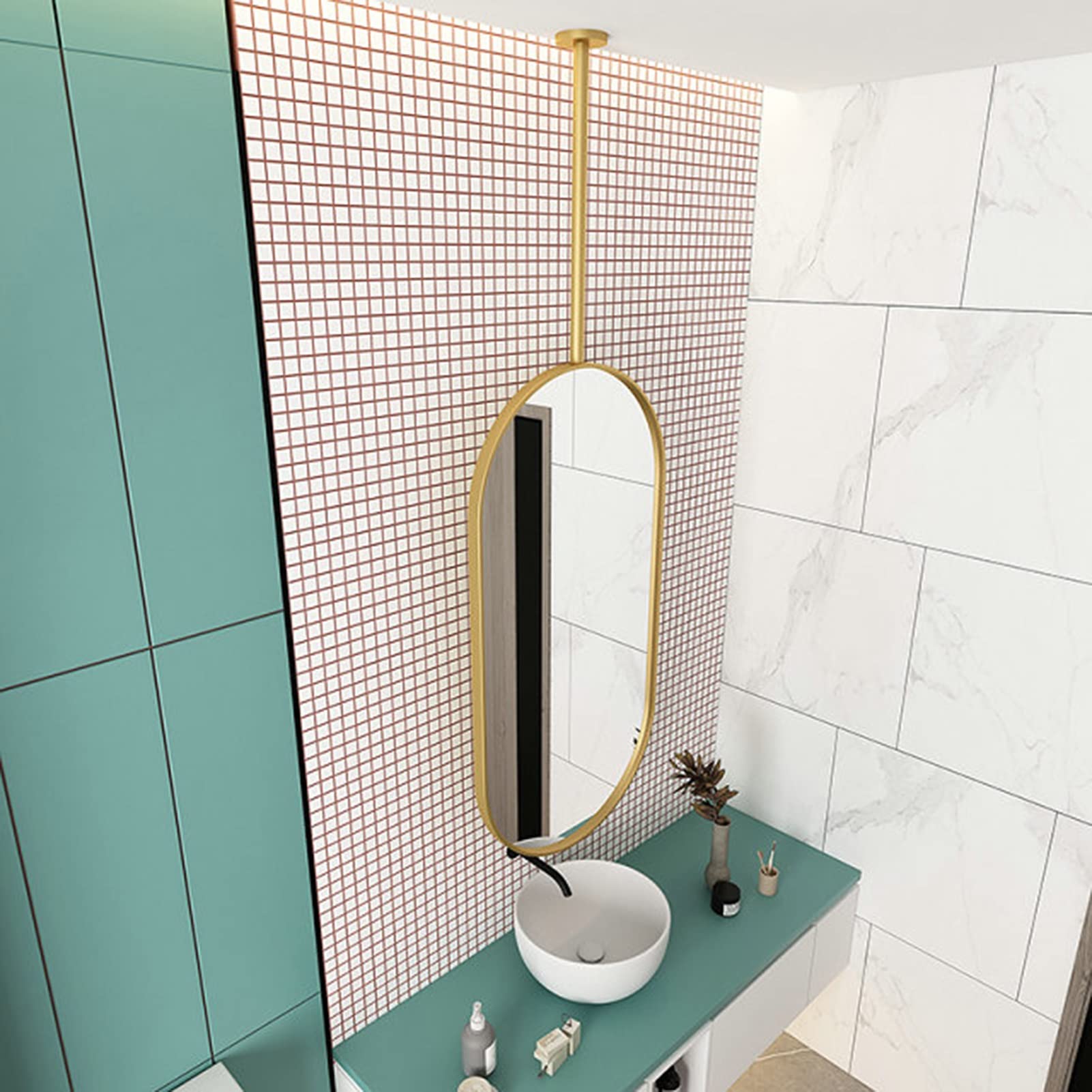 Gold Ceiling Mounted Mirror Hanging Rod - 40cmx60cm Clear Floating Bathroom Vanity Mirror for Home & Hotel Decor, Makeup & Decorative Use