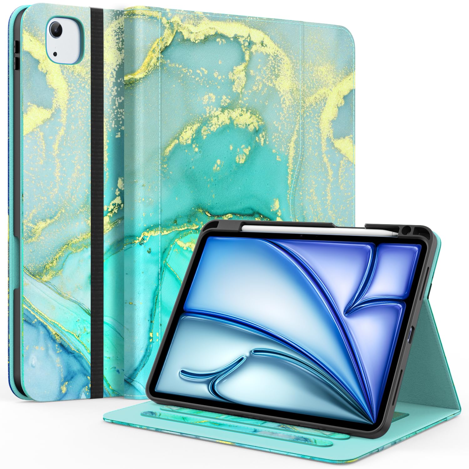 Premium Leather Case for iPad Air 11-inch M2 (2024) & iPad Pro 11 (1st-4th Gen) - Multi-Angle Stand with Apple Pencil Holder & Storage Pocket, Marble Green - Perfect for Work, Travel & Home Office Use