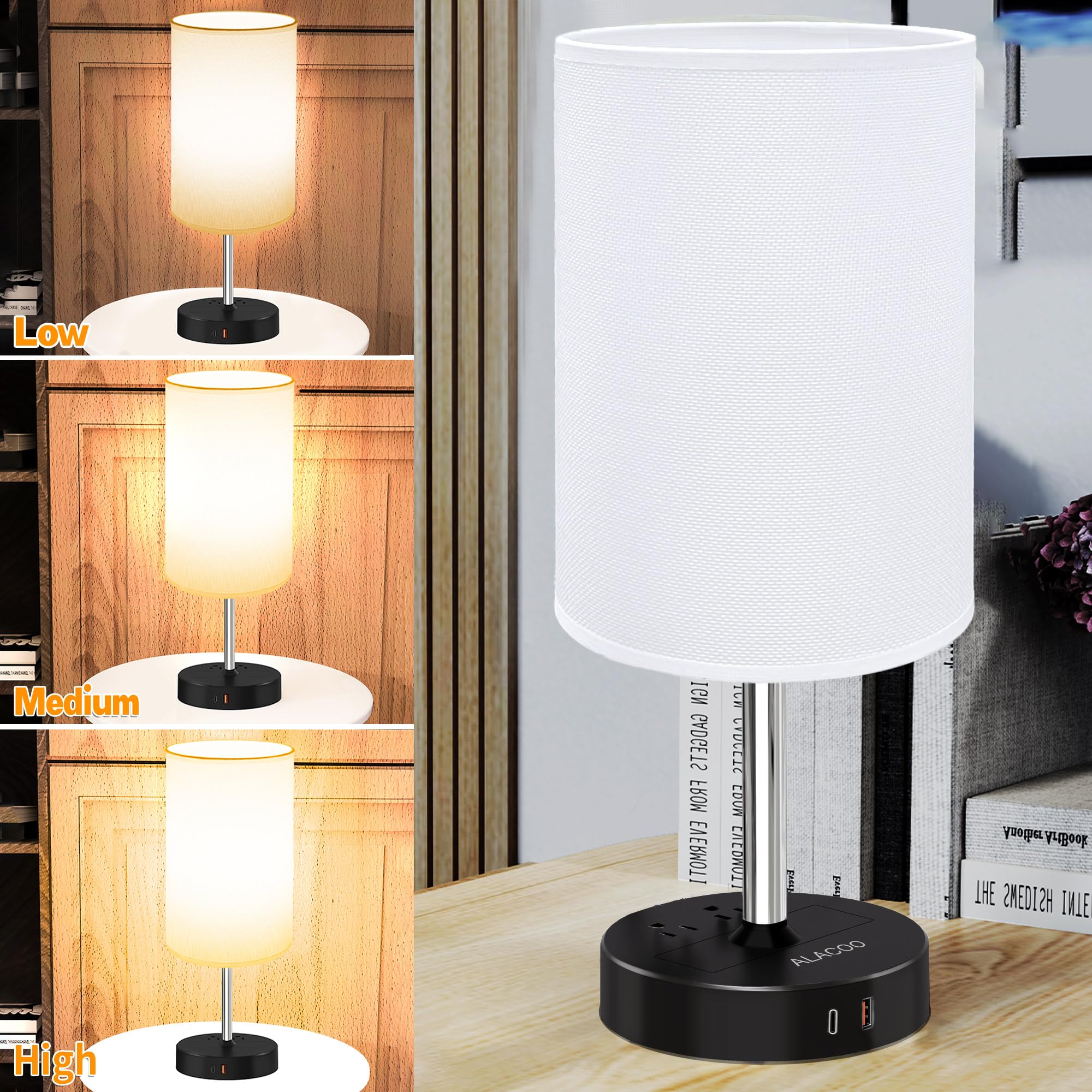 Modern Touch Control Bedside Table Lamp with USB-C & USB-A Charging Ports, 3-Way Dimmable Nightstand Light with AC Outlet (1000W) - Perfect for Bedroom, Kids Room & Office Workspace (Includes E26 LED Bulb) - Ideal for Reading, Working & Nighttime Charging Needs