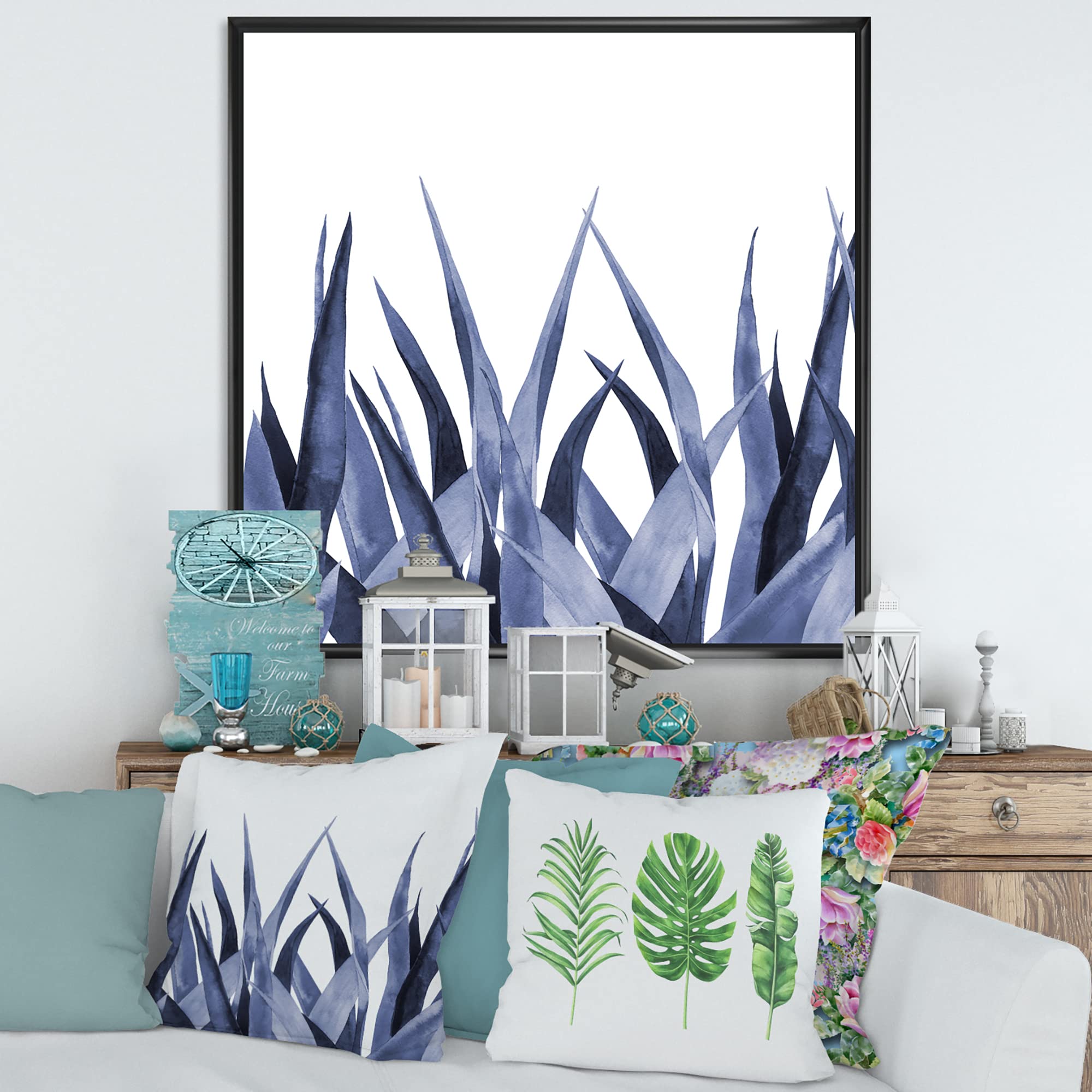 DesignQ Navy Blue Agave Leaves Framed Canvas Wall Art - Traditional Mexican Home Decor for Living Room, Bedroom & Office