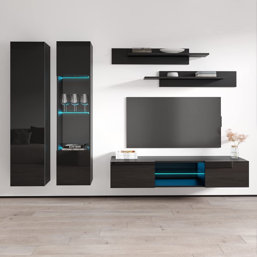 Modern Floating TV Stand with Storage & LED Lights - Wall-Mounted Entertainment Center for Bedroom & Living Room - Space-Saving A5 33TV Console with Shelves - Perfect for Small Apartments & Home Theater Setup - Black