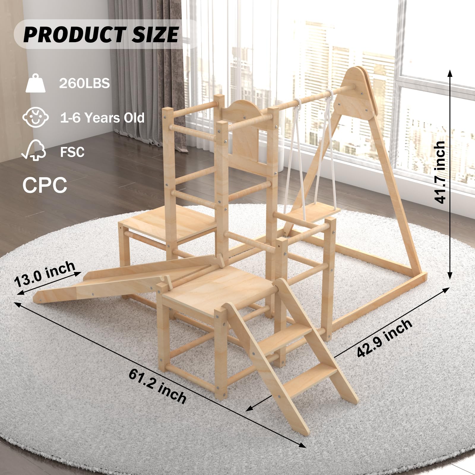 Montessori Wooden Climber Playset with Slide & Swing - Indoor Jungle Gym for Toddlers | Safe & Sturdy Toddler Climbing Toys for Home Playroom, Daycare & Preschool Development
