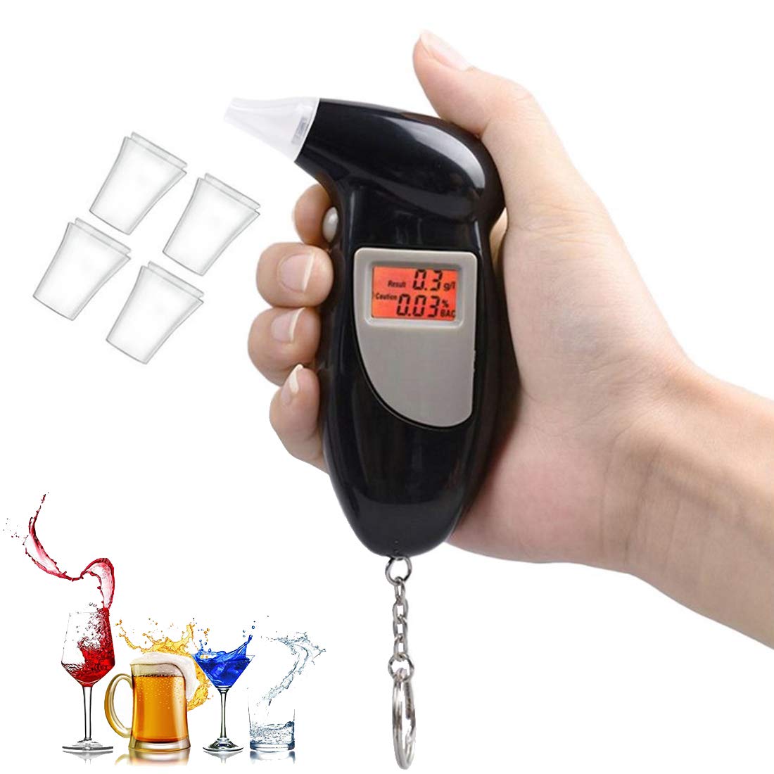 Portable Breath Alcohol Tester - Digital Detector with LED Screen & 4 Mouthpieces | Professional Keychain Breathalyzer for Personal & Workplace Safety | Perfect for Parties, Driving Checks & Alcohol Monitoring