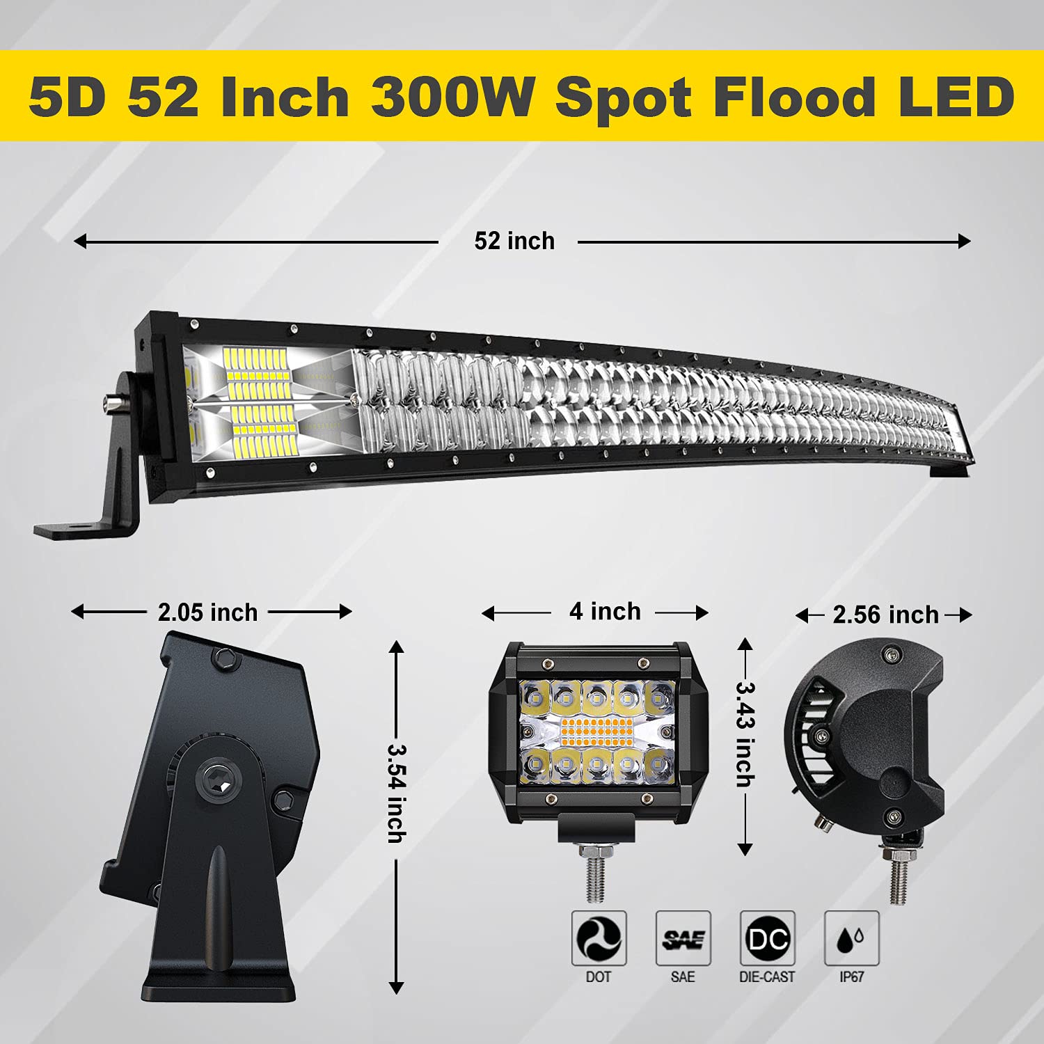 5D 52-Inch Curved LED Light Bar + 4-Inch White/Amber LED Pods - Offroad Strobe Fog Lights with Wiring Harness & Switch - Spot Flood Combo Beam for Trucks, Pickups, ATVs - Perfect for Night Driving, Off-Road Adventures & Emergency Lighting