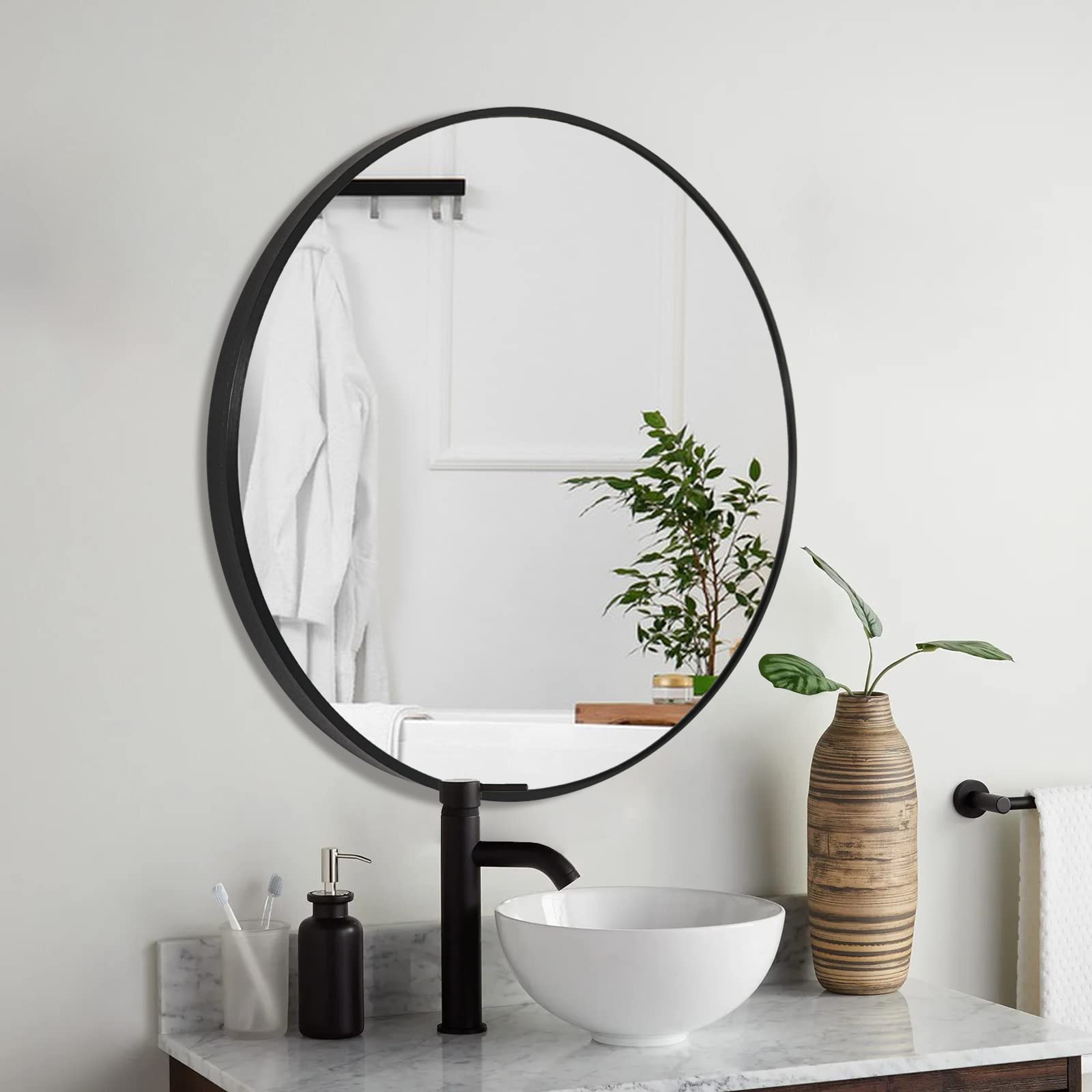 24 Inch Black Round Wall Mirror - Modern Circle Mirror for Bathroom, Living Room, Bedroom & Entryway | Durable Vanity Mirror for Home Decor, Hallway & Washroom | Perfect for Makeup, Selfies & Interior Design
