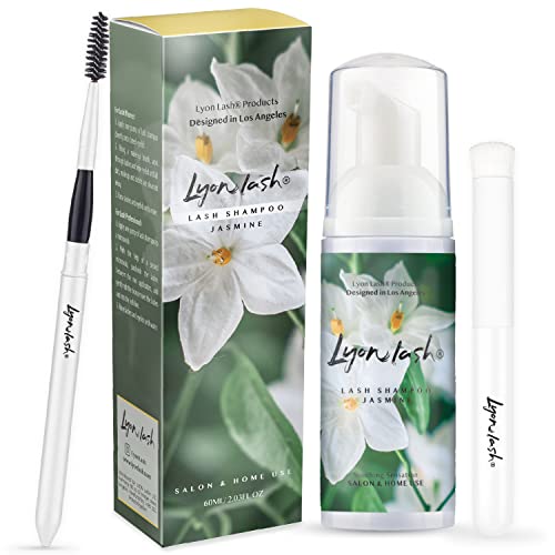 Lyon Lash Eyelash Extension Shampoo - Gentle Jasmine Foam Cleanser, Paraben & Sulfate Free, Oil-Free Formula | Removes Makeup, Oil & Dust | Professional Salon & Home Use Kit (60ml + Mascara Wand + Cleansing Brush) | Perfect for Lash Extensions Care & Daily Eye Makeup Removal