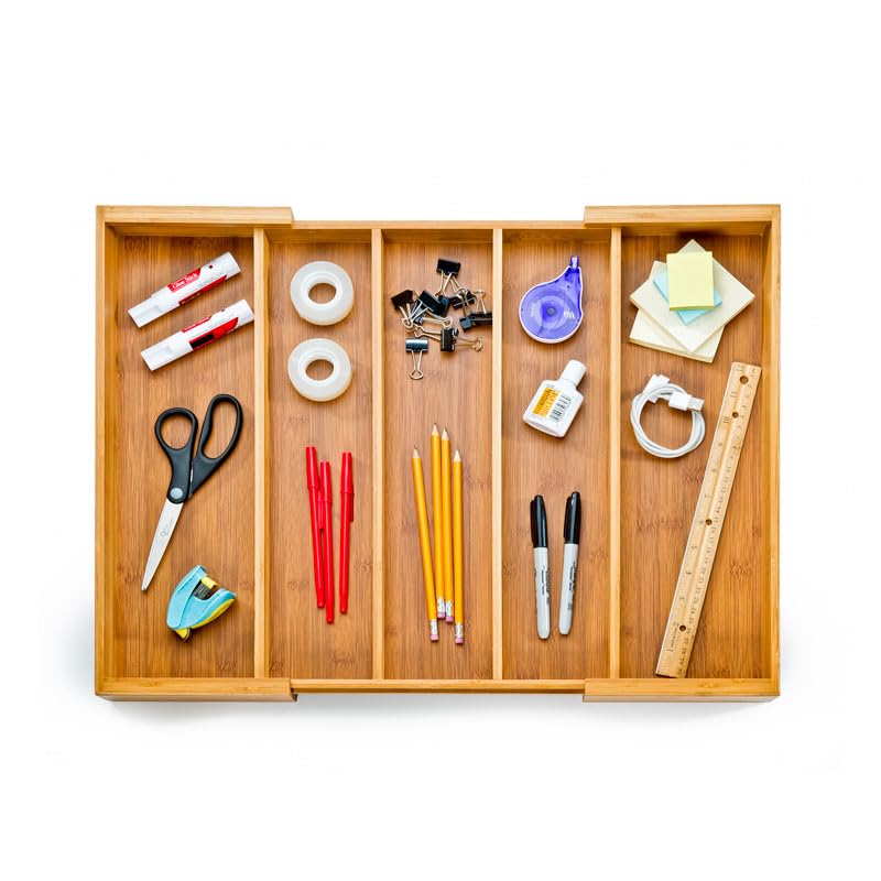 Seville Classics Expandable Bamboo Organizer Tray - 5 Compartment Storage Bin for Kitchen Utensils, Office Supplies, Makeup & K-Cups | Perfect for Pantry, Closet & Desk Organization (Bamboo, Premium Quality)