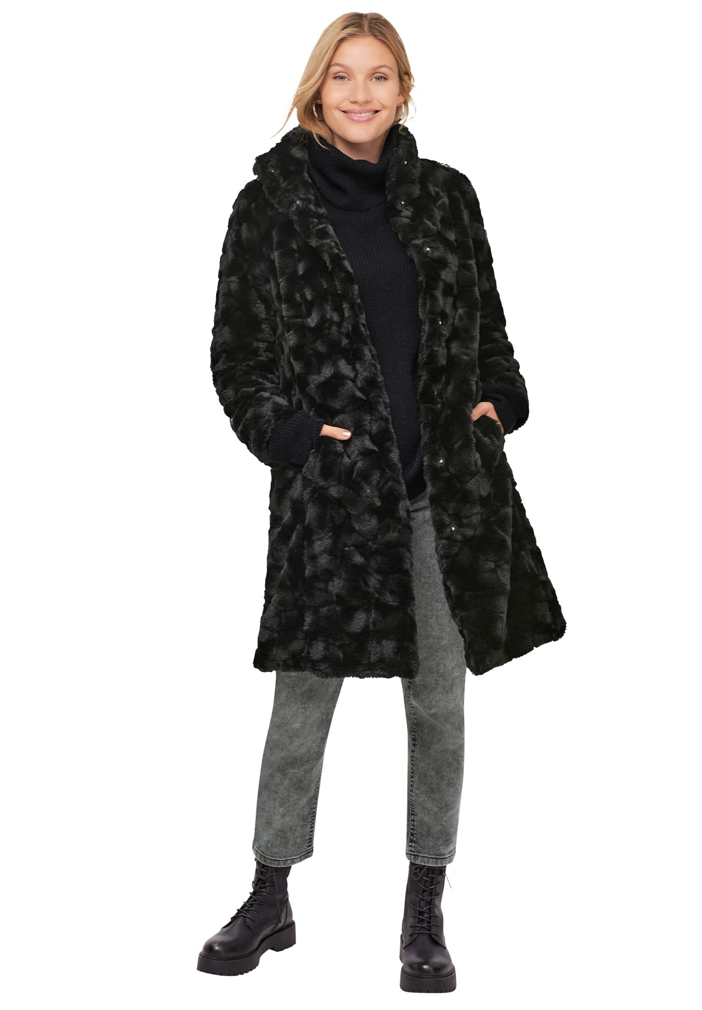 Ellos Women's Plus Size Faux Fur Coat with Funnel Neck - Warm Winter Jacket for Cold Weather, Outdoor Activities & Fashion Outfits