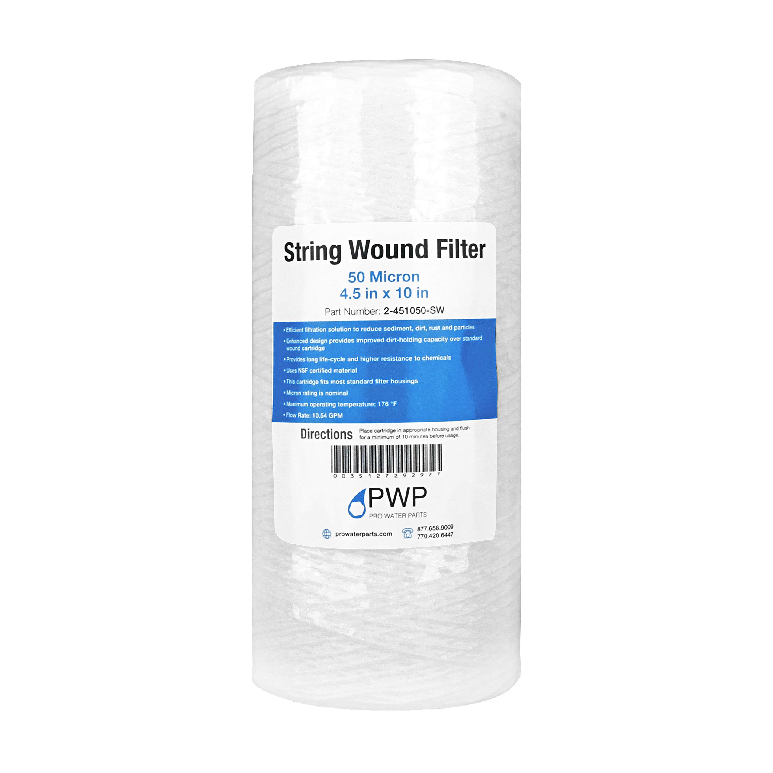 String Wound Sediment Water Filter Cartridges 10x4.5 Inch 50 Micron - 20 Pack for Whole House Filtration, Well Water & Industrial Use