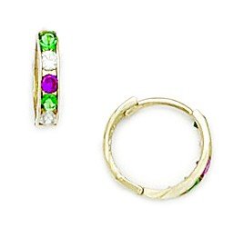 14K Yellow Gold Green & Red CZ Cubic Zirconia Hoop Earrings for Women - Simulated Diamond Hinged Hoops (10x10mm or 13x14mm) | Elegant Jewelry Gift for Birthday, Anniversary & Special Occasions