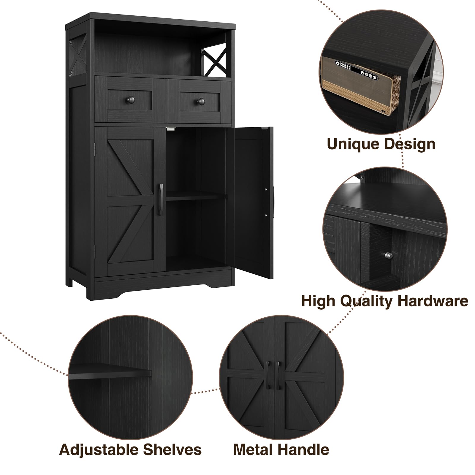 Black Farmhouse Kitchen Pantry Cabinet with Doors & Shelves - Freestanding Floor Hutch Cupboard for Coffee Bar Storage - Perfect for Kitchen, Laundry Room & Living Room Organization