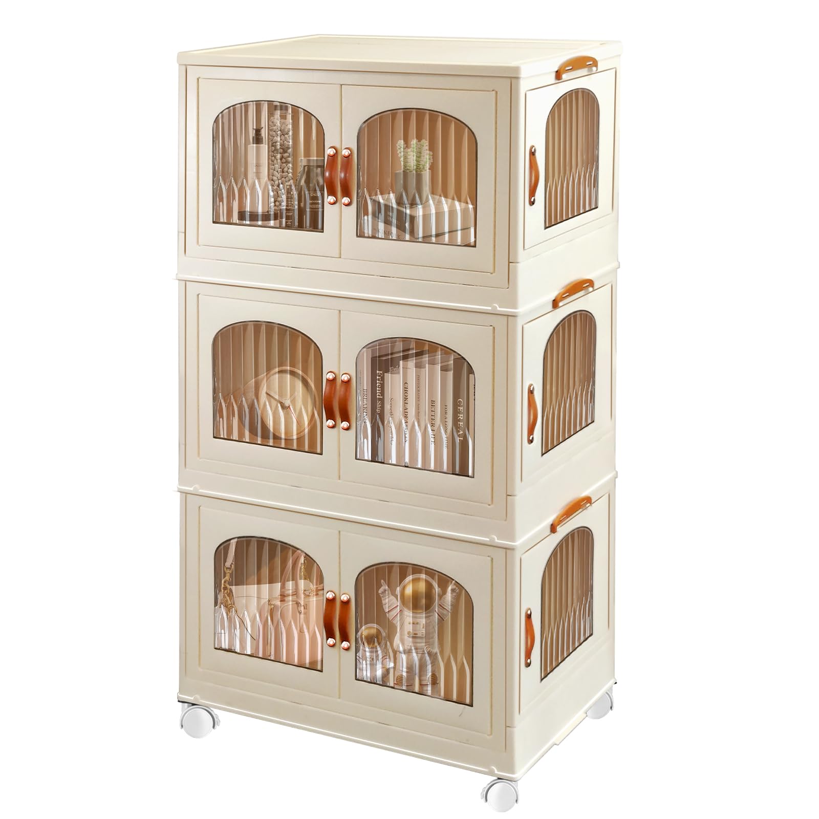 KEJONE 57 Gallon Stackable Closet Organizer Bins - 3 Pack Collapsible Plastic Storage Containers with Wheels & Doors for Bedroom, Closet & Home Organization | Space Saving Storage Solution for Clothes, Toys & Seasonal Items