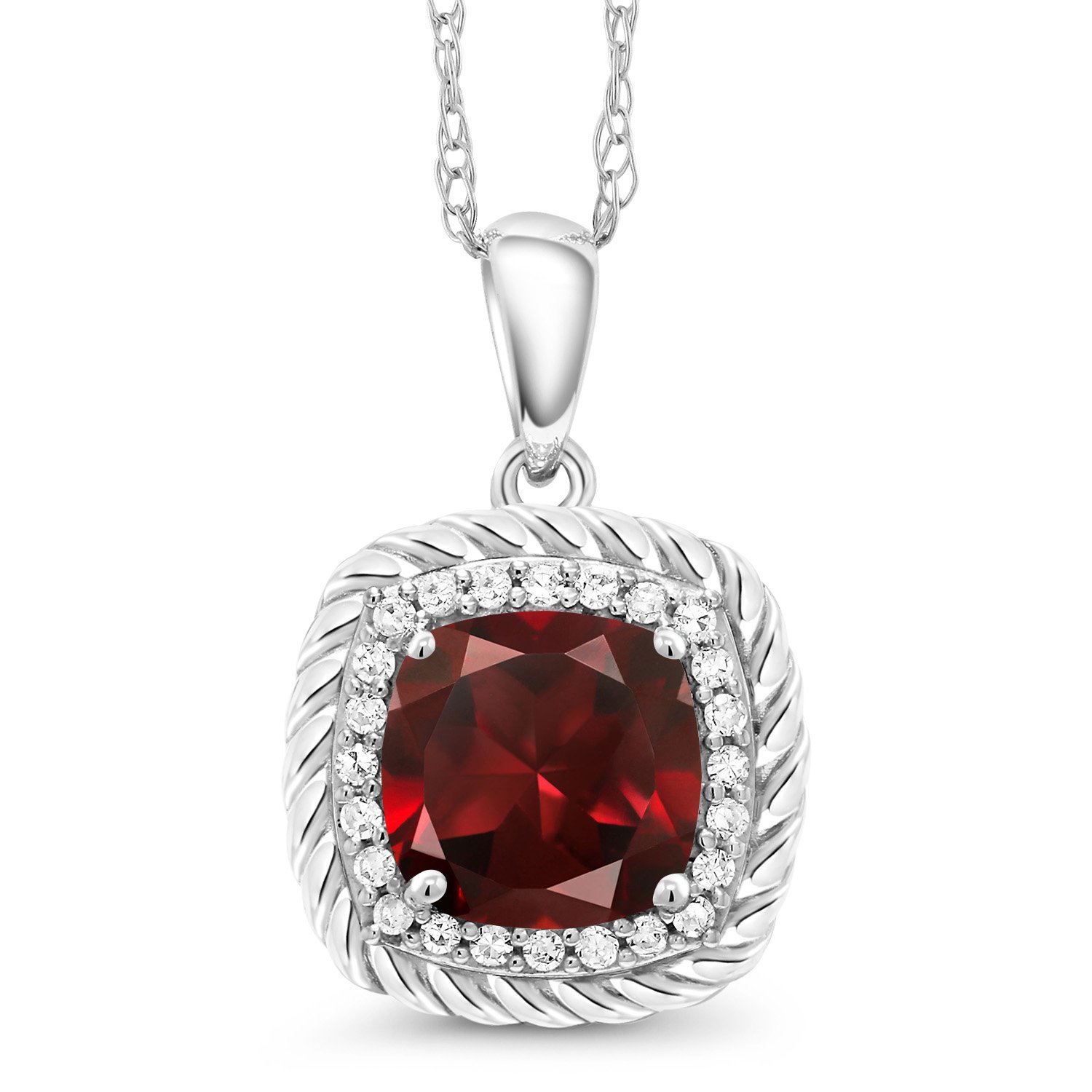 10K White Gold 7MM Cushion Cut Birthstone Pendant Necklace with Diamond Halo | Elegant Women's Jewelry Gift | Perfect for Anniversaries, Birthdays & Special Occasions | 18 Inch Chain