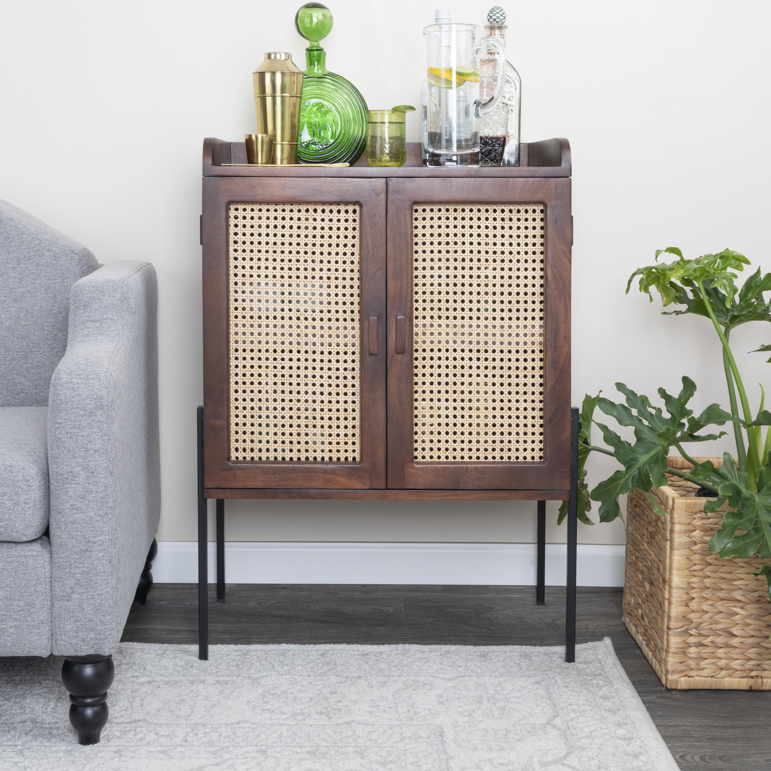 Creative Co-Op Modern Walnut Wood & Metal Bar Cabinet with Cane Panels - Perfect for Home Bar, Dining Room & Living Room Storage