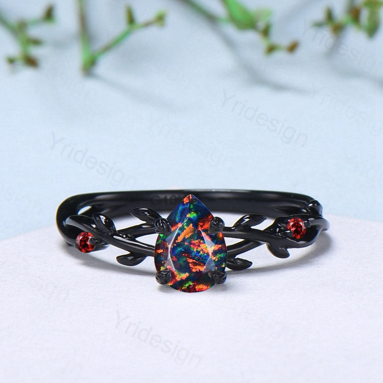 Black Gold Fire Opal Promise Ring - Nature Inspired Leaf Branch Design with Black Opal & Garnet - Gothic Engagement Ring, Wedding Band, Anniversary Gift for Her - Perfect for Boho, Vintage & Alternative Jewelry Lovers