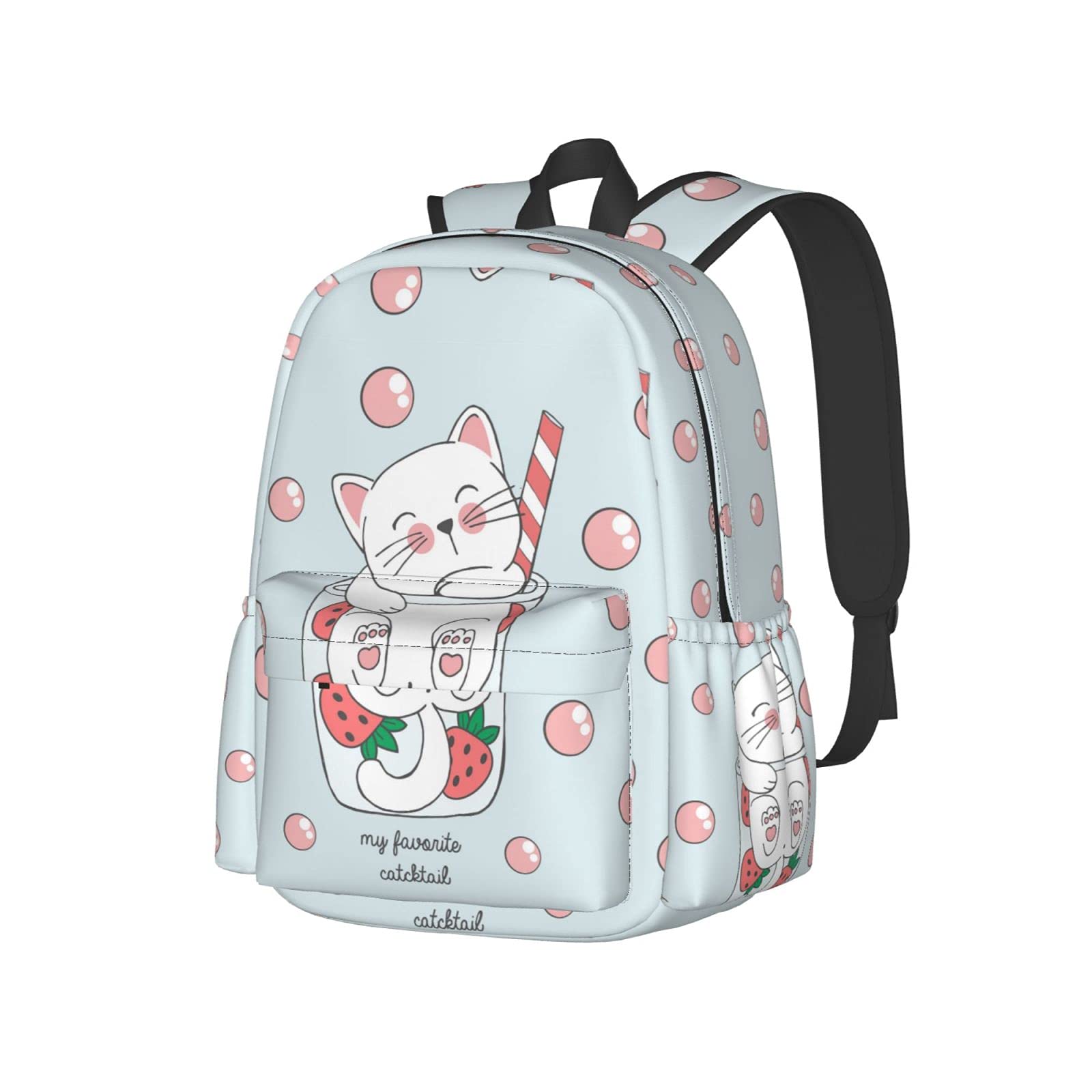 **Delerain 17 Inch Cute Cat Strawberry Laptop Backpack - Stylish School Bookbag & Casual Daypack for Women & Teens - Perfect for School, Travel, Camping, Hiking, Picnic & Beach**