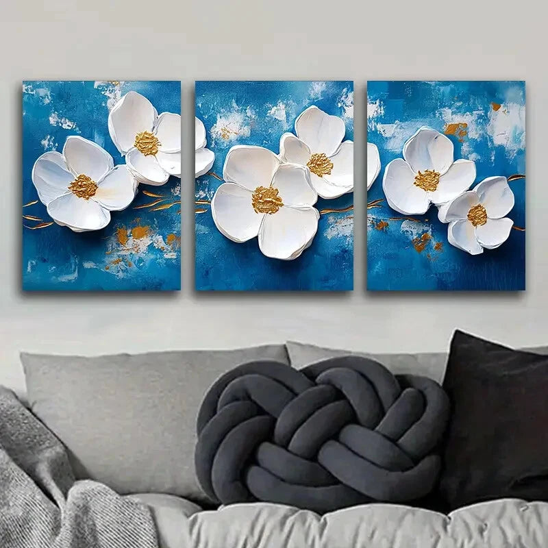 3-Piece Blue Background White Flowers Metal Print Wall Art - Ready to Hang for Living Room, Bedroom & Office Decor