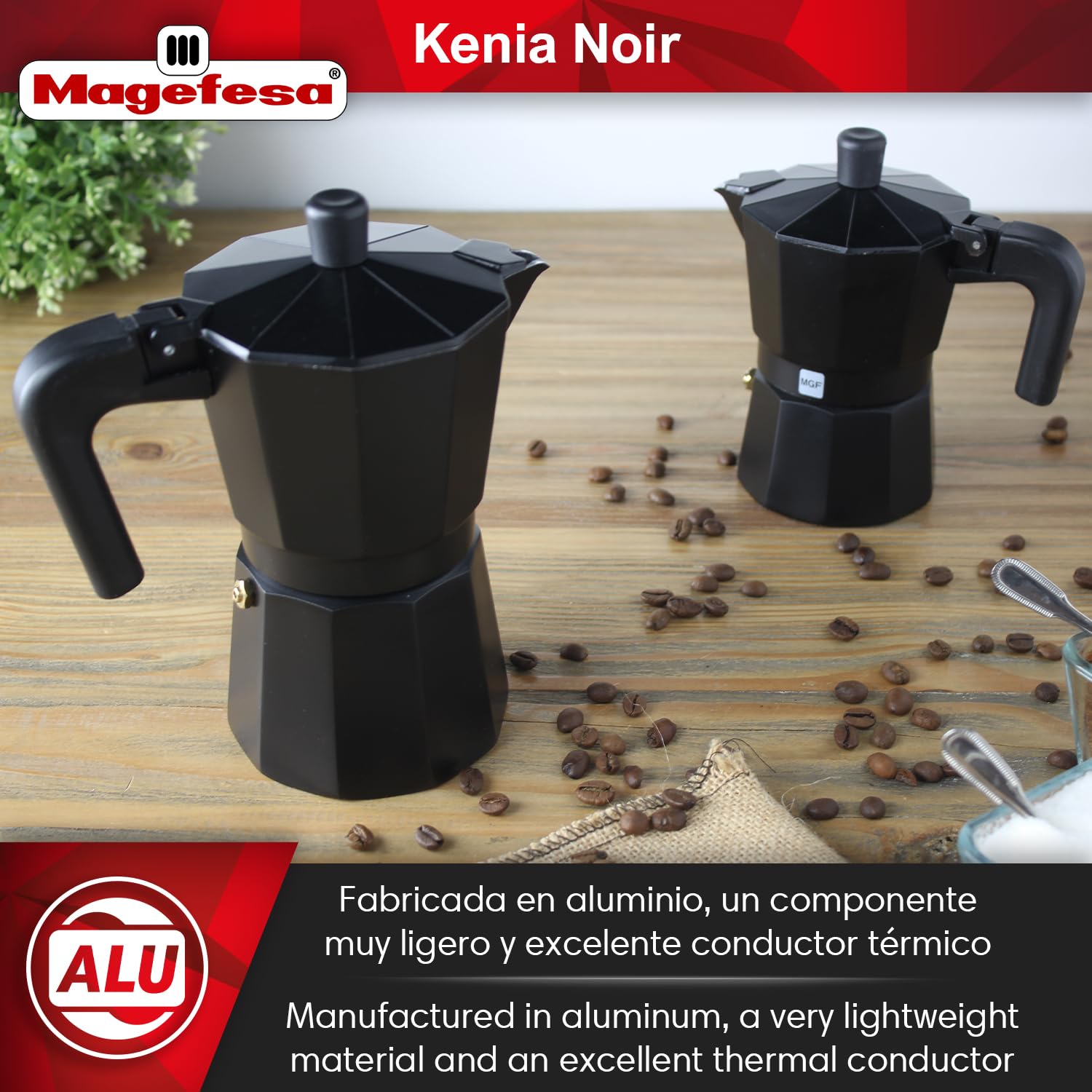 MAGEFESA Kenia Noir Stovetop Espresso Moka Pot - 6 Cup (10 oz) Italian Coffee Maker for Cuban Coffee | Extra-Thick Aluminum with Heat-Resistant Handle | Safe & Easy-to-Use Greca Coffee Maker | Perfect for Home, Office & Camping Brewing
