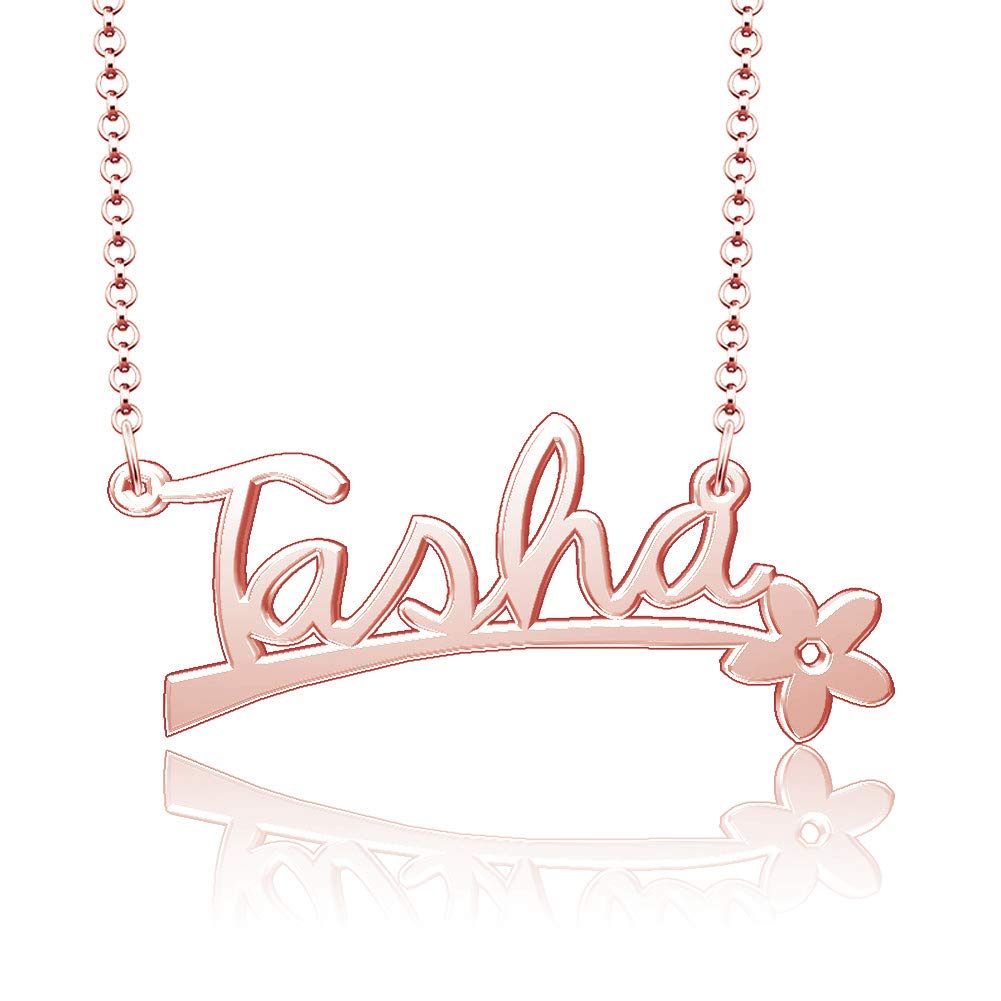 925 Sterling Silver Personalized Tasha Name Necklace - Custom Name Plate with Flower Pendant for Women, Gift for Her, Birthday, Anniversary, Valentine's Day